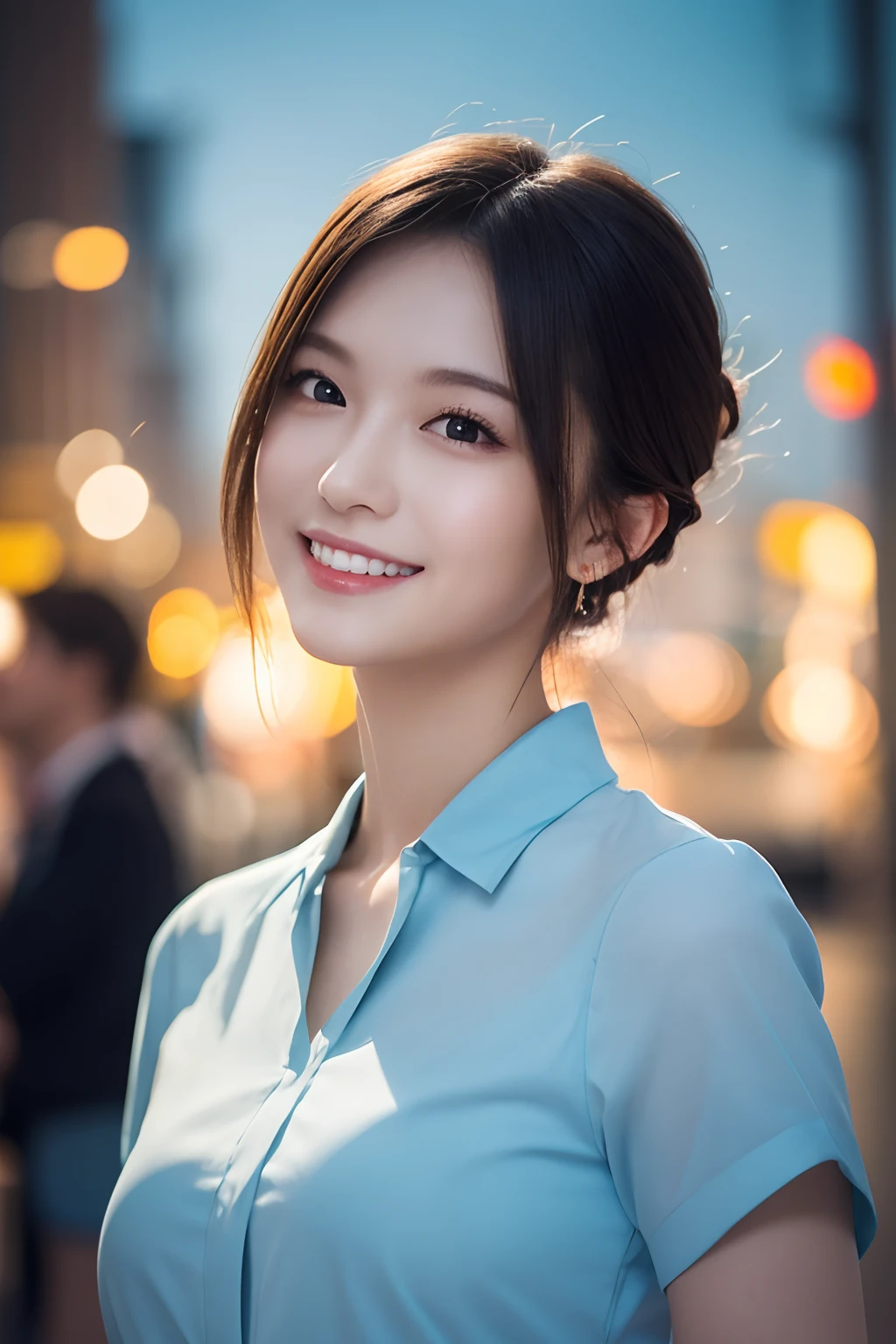 1girl in, (Wearing a light blue blouse:1.2), (Raw photo, Best Quality), (Realistic, Photorealsitic:1.4), masutepiece, Extremely delicate and beautiful, Extremely detailed, 2k wallpaper, amazing, finely detail, the Extremely Detailed CG Unity 8K Wallpapers, Ultra-detailed, hight resolution, Soft light, Beautiful detailed girl, extremely detailed eye and face, beautiful detailed nose, Beautiful detailed eyes, Cinematic lighting, city light at night, Perfect Anatomy, Slender body, Smiling