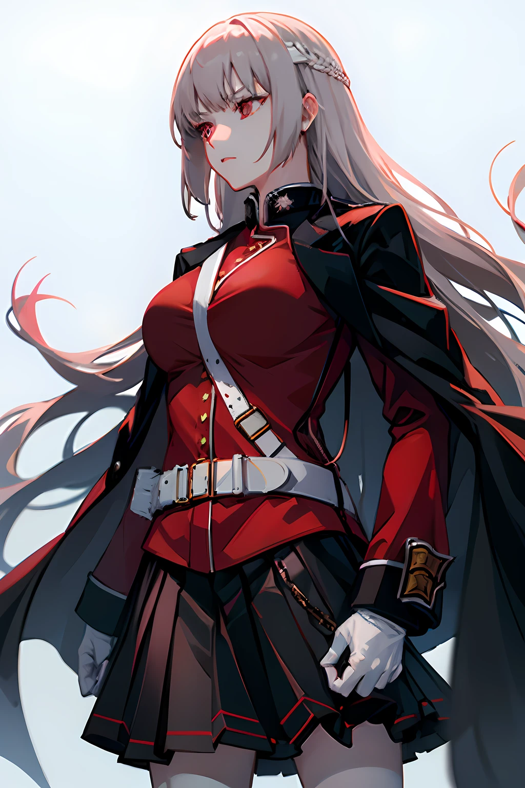 bbfng, long hair, large breasts, black coat, coat on shoulders, military uniform, red jacket, long sleeves, white gloves, belt, pleated skirt, black skirt, white pantyhose