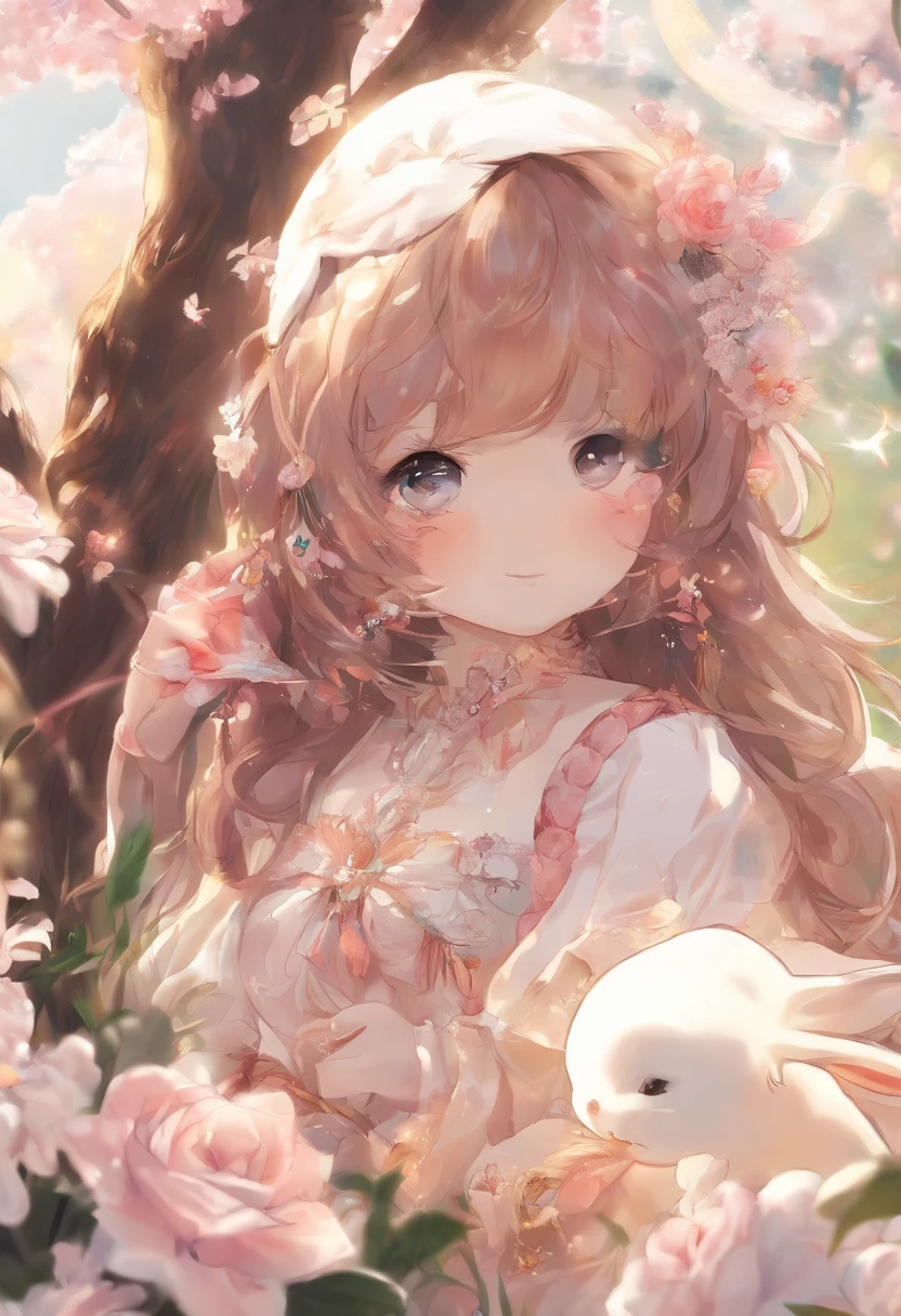 Q version of the rabbit，Cute and cute，themoon，laurel，The light is depicted in detail，Beige tones，oc rendered，high qulity，tmasterpiece，Hyper-realistic，Ultra photo realsisim，8K，super-fine，ultra - detailed，Ultra-wide angle of view，dynamic viewing angle