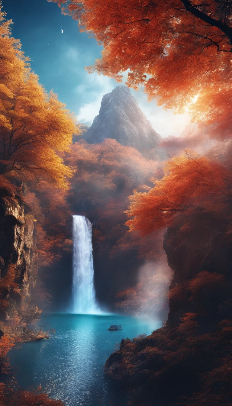 China-style，Ultra-wide viewing angle，Beautiful view of autumn，Mountain spring，waterfallr，cloudy fog，Autumn foliage，Fallen leaves all over the land，oc render，hiquality，8K，Super-slim;，Hyper-realistic，Ultra photo realsisim，35mm camera lens，Ultra Detailed