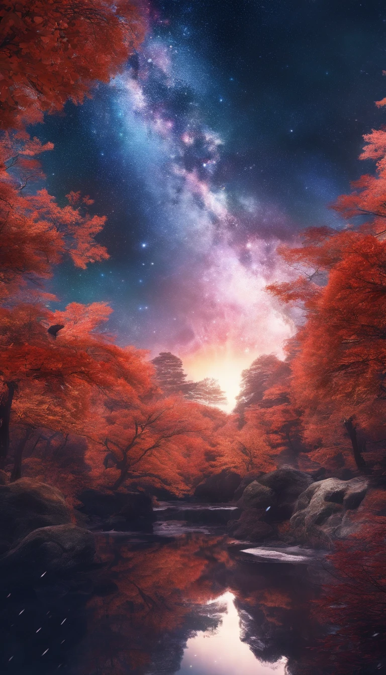 China-style，Ultra-wide viewing angle，Beautiful view of autumn，Mountain spring，waterfallr，cloudy fog，Autumn foliage，Fallen leaves all over the land，oc render，hiquality，8K，Super-slim;，Hyper-realistic，Ultra photo realsisim，35mm camera lens，Ultra Detailed
