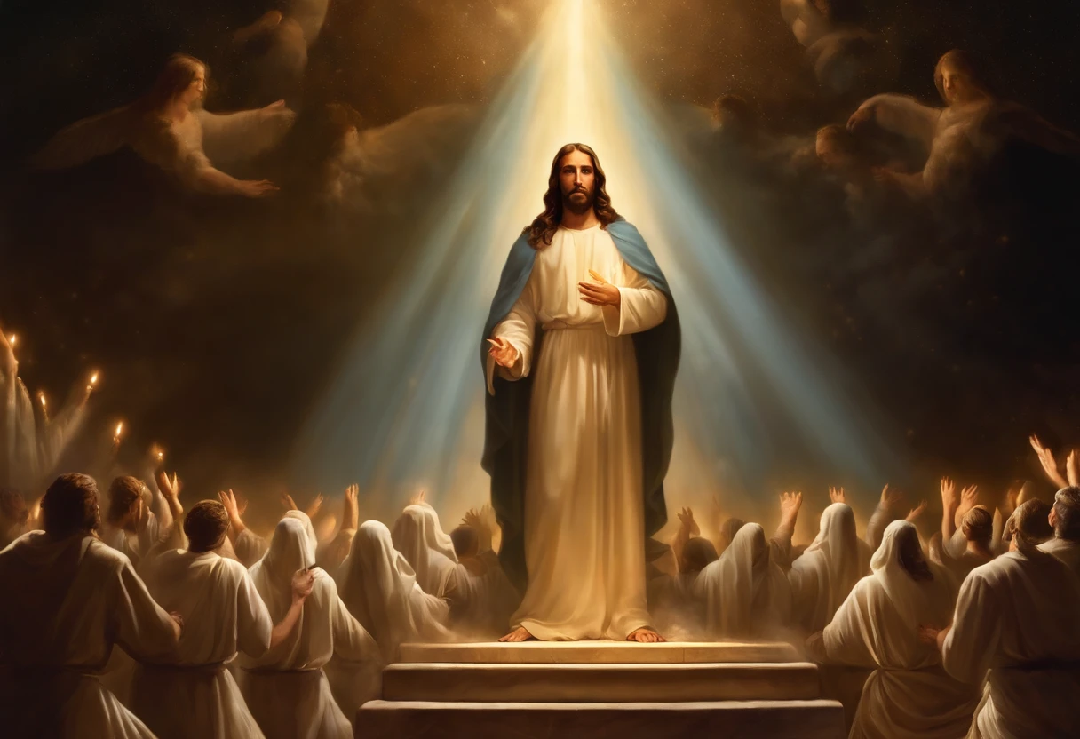 Visualize a scene of deep faith and surrender, where a believer is on his knees before a heavenly altar. His expression is one of humility and confidence, representing the total surrender of the impossible cause to God. Around you, An aura of light symbolizes the divine presence, iluminando a cena. In the hands stretched out in the air, The cause is represented symbolically, Hovering as a seemingly insurmountable challenge. Ao lado do fiel, a figura de Jesus Cristo se destaca, radiating love and hope, indicating that through it, The cause is won. May this image convey the confident surrender of the impossible cause to God, confirmando que, por meio de Jesus Cristo, All things are possible.
