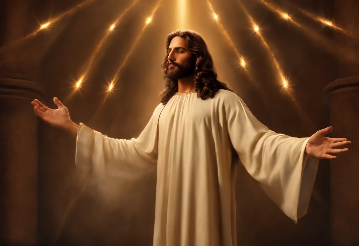 Visualize a scene of deep faith and surrender, where a believer is on his knees before a heavenly altar. His expression is one of humility and confidence, representing the total surrender of the impossible cause to God. Around you, An aura of light symbolizes the divine presence, iluminando a cena. In the hands stretched out in the air, The cause is represented symbolically, Hovering as a seemingly insurmountable challenge. Ao lado do fiel, a figura de Jesus Cristo se destaca, radiating love and hope, indicating that through it, The cause is won. May this image convey the confident surrender of the impossible cause to God, confirmando que, por meio de Jesus Cristo, All things are possible.