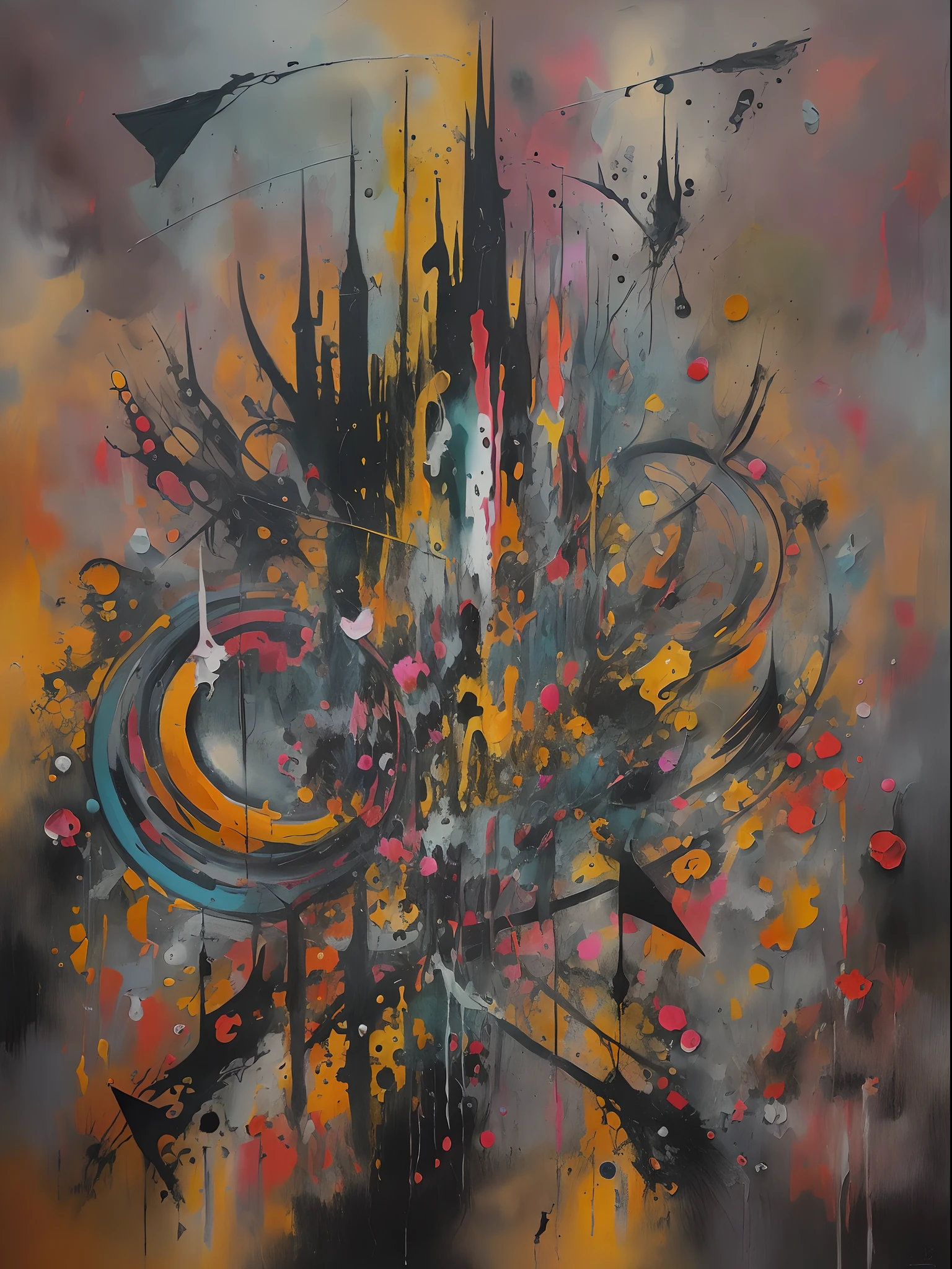 Abstract painting representing the sound of gothic rock music, using vibrant colors and erratic shapes