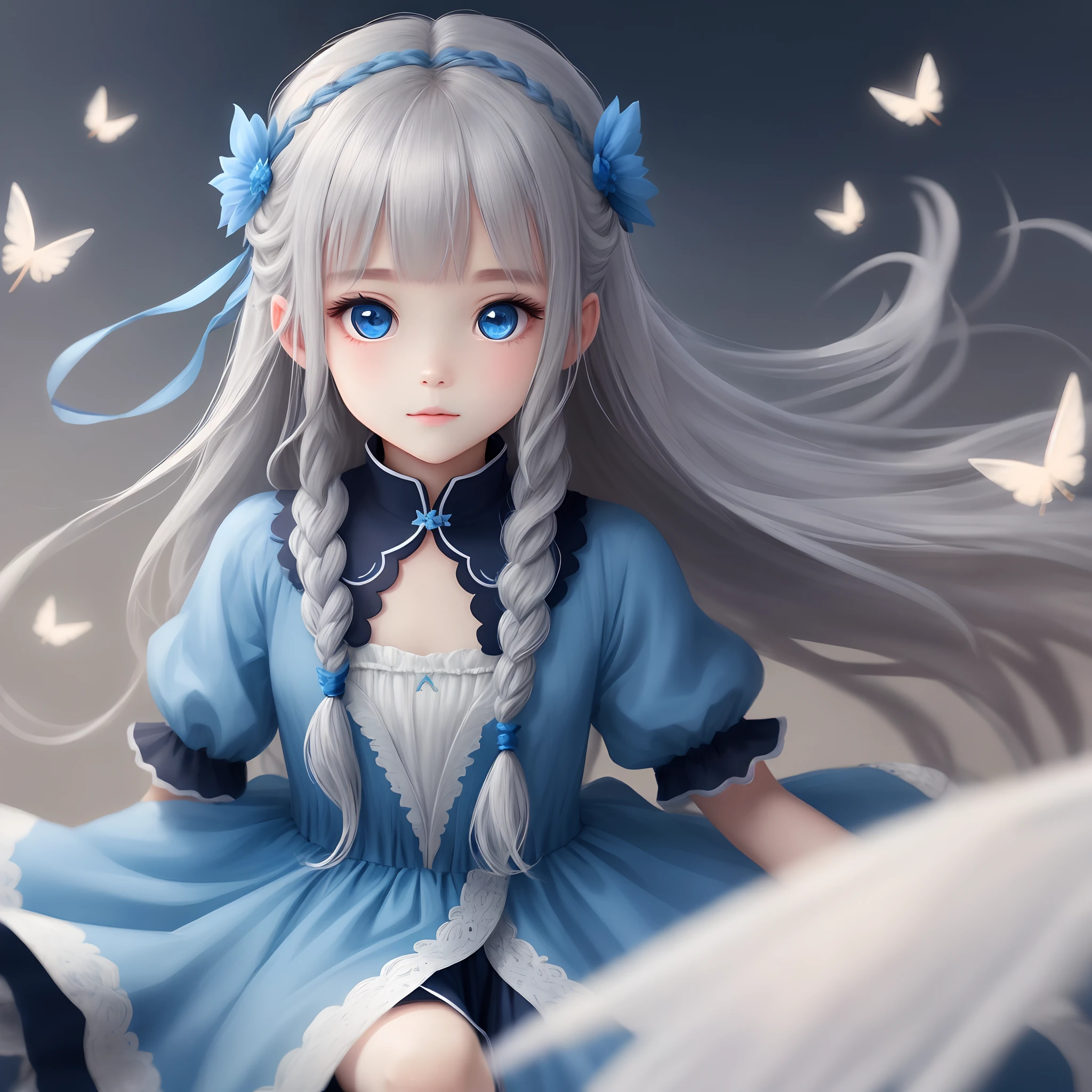 Girls by girl，，Long flowing hair，Beautiful hair accessories，Blue-grey hair accessories，Blue gauze dress，Fairy air fluttering，Delicate eyes and beautiful face，loli face，8K，Delicate eyes and beautiful face，Air bangs，God map，Twist braids，solid color backdrop