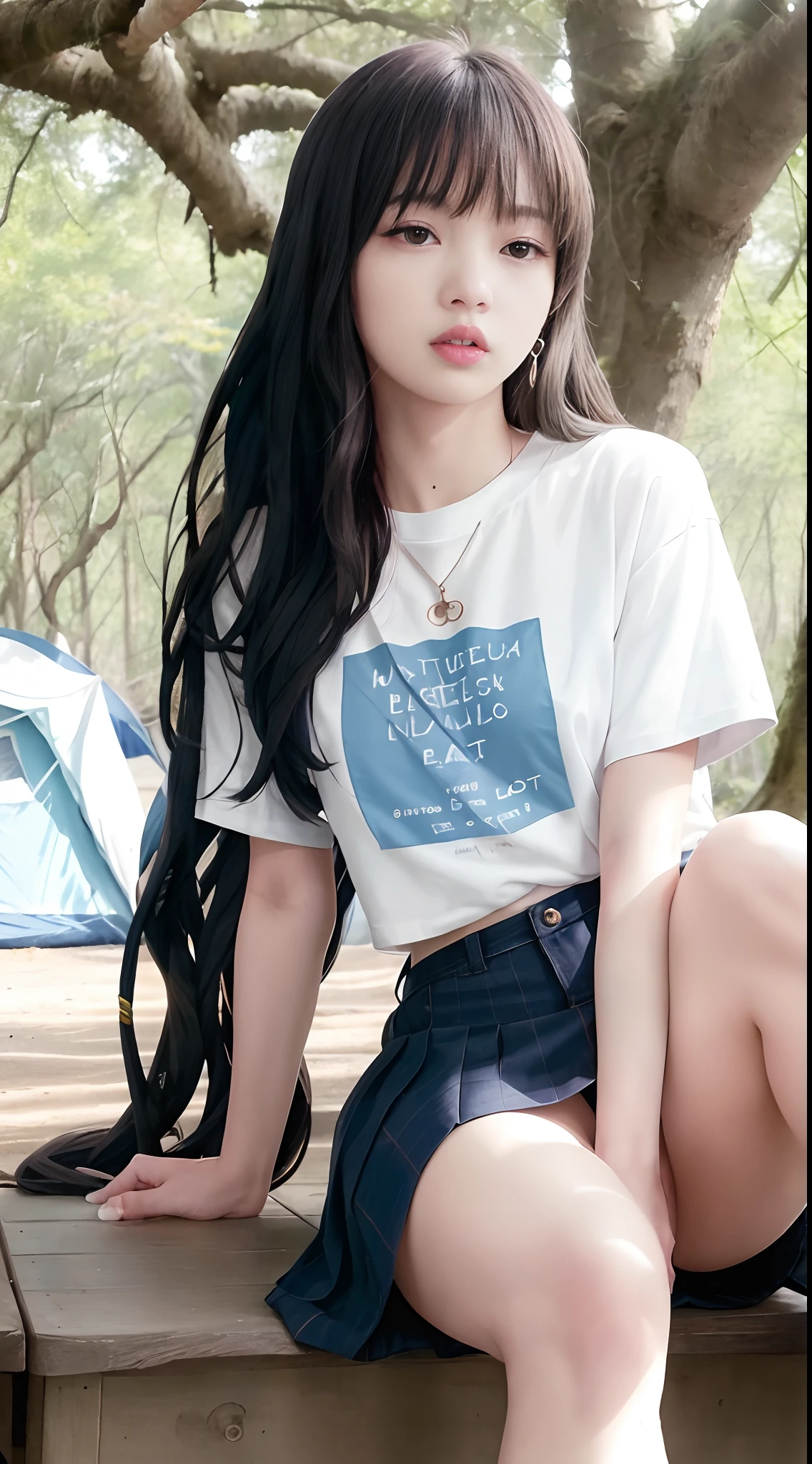 ((Lisa Blackpink)), tiny white t-shirt, tiny blue pleated skirt, vagina showing, black high heels, close-up from thighs to face, shot from below, very fair skin, very long hair, wavy hair, camping, Forest, photorealistic, Indirect lighting, volumetric light, ray tracing, hyper-detailed, best quality, very high resolution, HDR, 8k