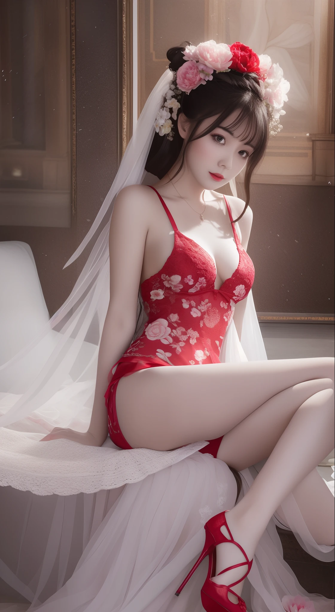 (Best quality,A high resolution),Sexy woman,Sexy lace clothing,Open V-neckline,Bright red peony flowers bloom,Subtly reveal the texture and complexity of the petals,A pair of glowing angel wings, Fire red high heels, cinema shot, A playful twist, centered composition