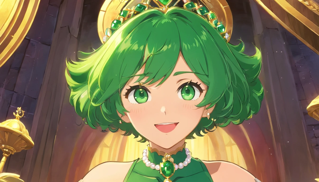 emerald tiara, Green Pearl Necklace, Boyish very short green hair, lipsticks, Japan woman smiling, very short short hair, fist, big breasts beautiful, Green eyes, Long green gloves made of satin material, Green eyes, Emerald Earrings