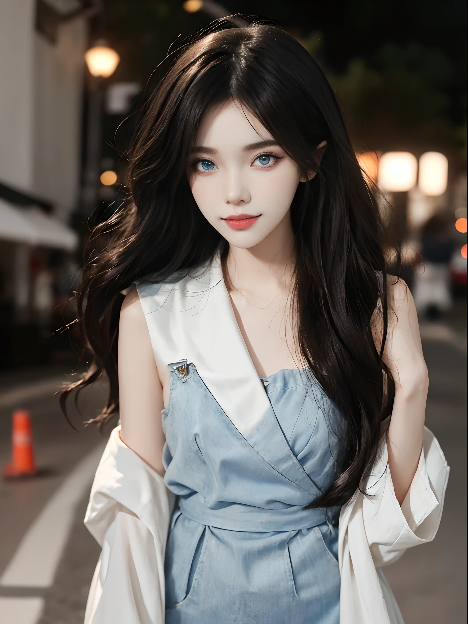 ((4K works))、masterpiece、(top-quality)、1 beutiful girl、Slim body、Tall、((Attractive clothes in black and white))、(Detailed beautiful eyes)、Take selfies on the road at night、((Face similar to Carly Rae Jepsen))、((Boyish red-black color long hair))、((Smaller face))、((Neutral face))、((Bright blue eyes))、((American adult women))、((Adult female 26 years old))、((cool lady))、((Like a celebrity))、((Smiling expression))、((Korean Makeup))、((elongated and sharp eyes))、((Girlfriend enjoying happy date))、((boyish))、((She is walking in front of the viewer))、((shot from a side angle))