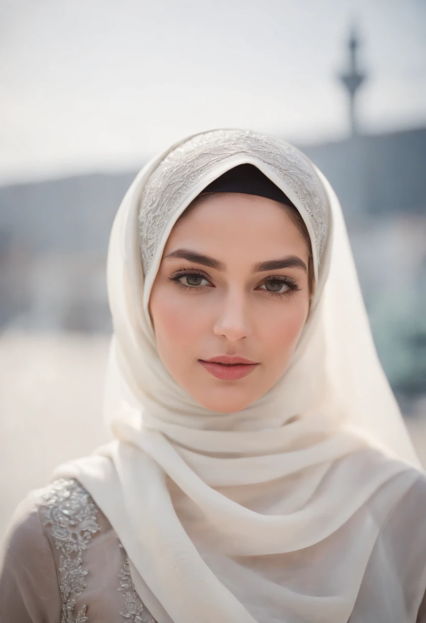 Cinematic portrait, upper body, face, facing the audience, (reality: 1.3), one of the most beautiful works of art in the world, woman looking at the camera, wearing a hijab, (modern Islamic clothing and weather factors: 1.4), beautiful detailed face, ,