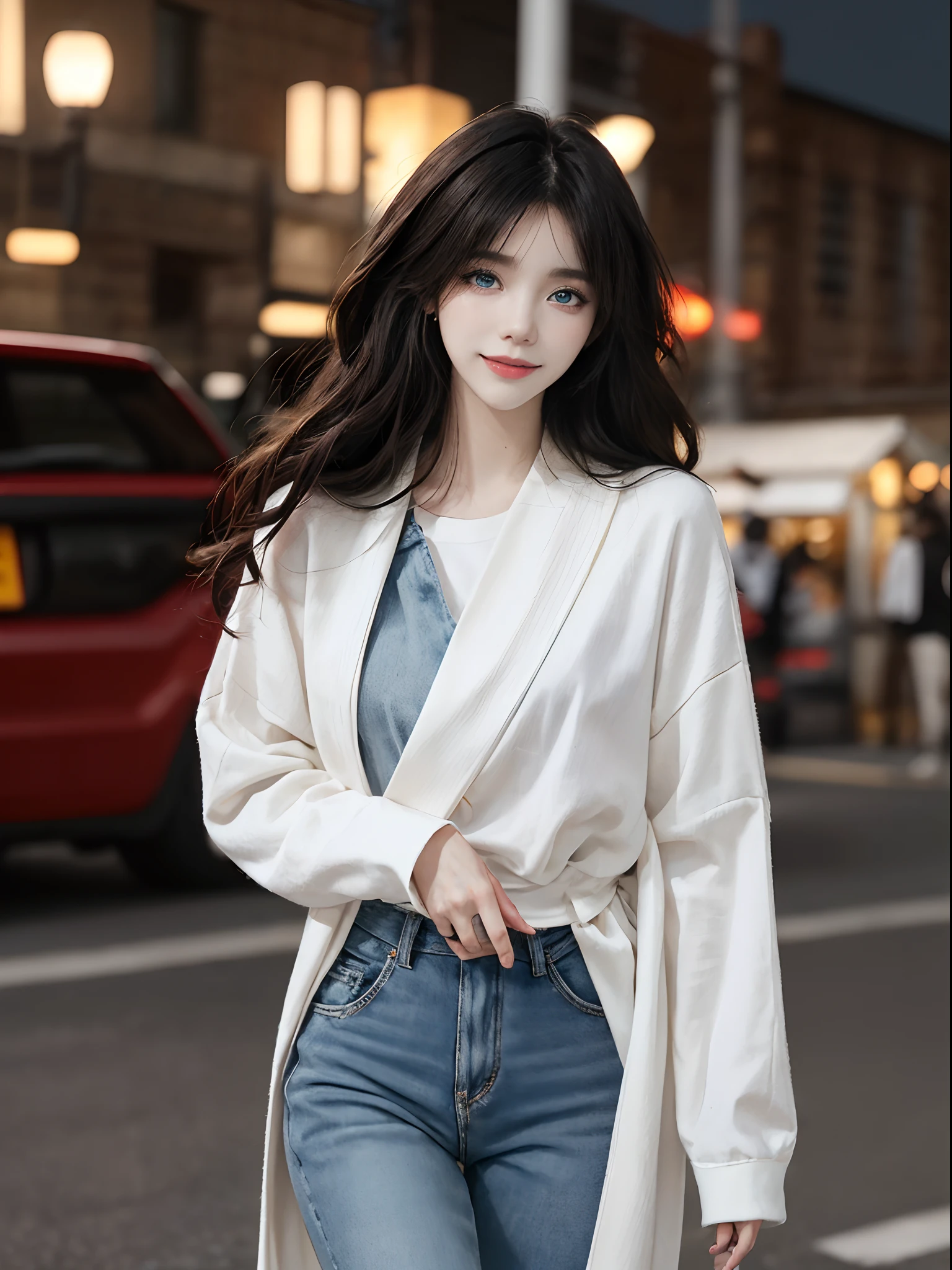 ((4K works))、masterpiece、(top-quality)、1 beutiful girl、Slim body、Tall、((Attractive clothes in black and white))、(Detailed beautiful eyes)、Take selfies on the road at night、((Face similar to Carly Rae Jepsen))、((Boyish red-black color long hair))、((Smaller face))、((Neutral face))、((Bright blue eyes))、((American adult women))、((Adult female 26 years old))、((cool lady))、((Like a celebrity))、((Smiling expression))、((Korean Makeup))、((elongated and sharp eyes))、((Girlfriend enjoying happy date))、((boyish))、((She is walking in front of the viewer))、((shot from a side angle))