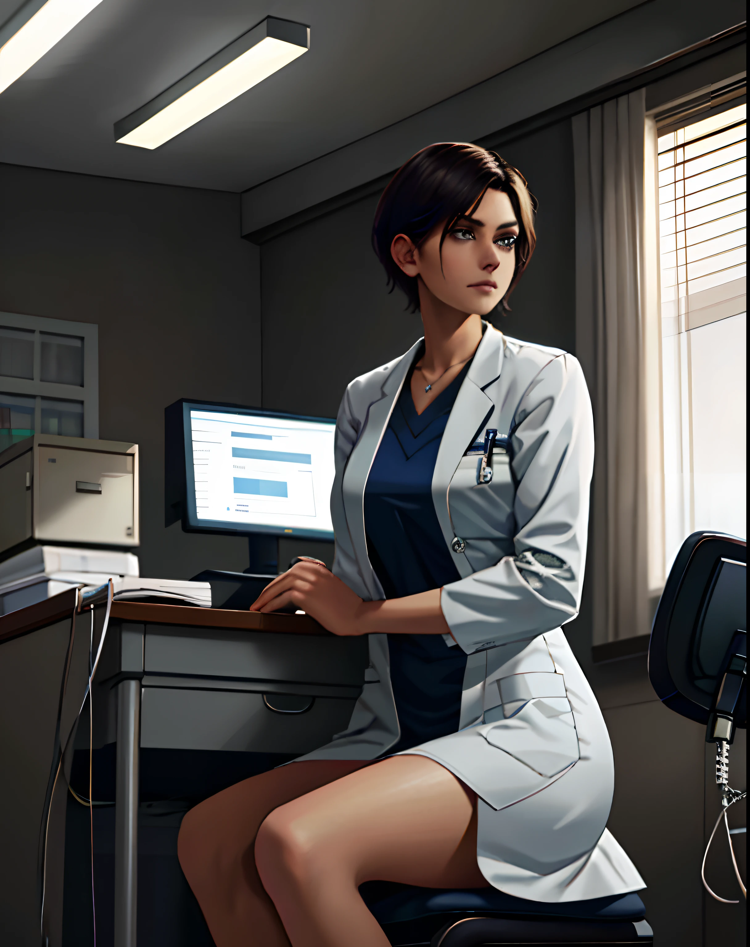 Woman, doctor, short broen hair, pretty American woman,20 years old, beautiful make up, dark light, dark hospital, sitting behind the desk, white long lab coat, kind snile, sitting, background: dark hospital Labrador