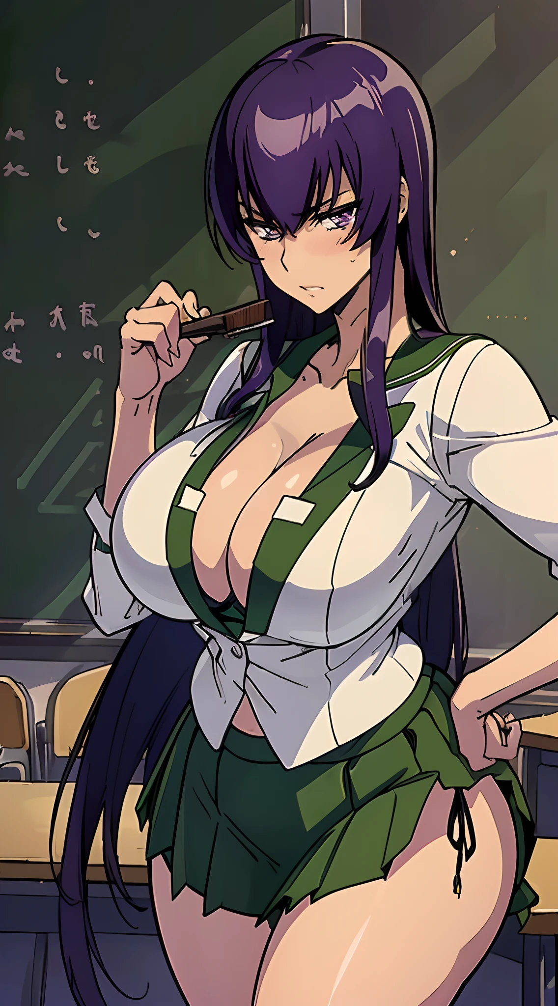 (melhor qualidade:1.3), (qualidade 4K), Saeko Busujima por HotD, ((Rosto detalhado)), ((body curvy)), ((serious face)), (peitos grandes), clivagem, sexy, ((mini saia verde)), ((sexy japanese school uniform)), (((clivagem))), ((sala de aula))