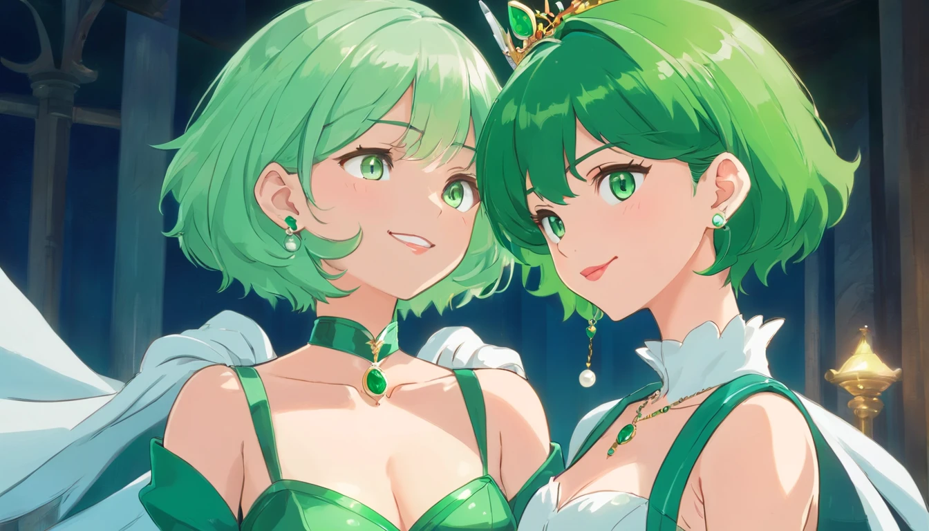 emerald tiara, Green Pearl Necklace, Boyish very short green hair, lipsticks, Japan woman smiling, very short short hair, fist, big breasts beautiful, Green eyes, Long green gloves made of satin material, Green eyes, Emerald Earrings, lesbian ,the kiss