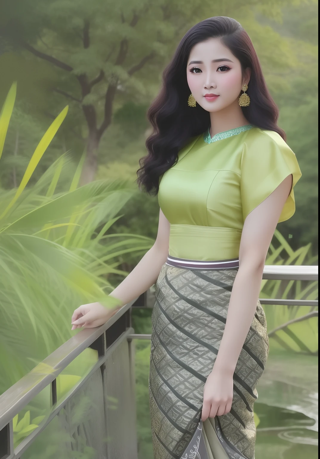 a close up of a woman standing on a railing near a tree, in style of lam manh, nivanh chanthara, traditional beauty, with lovely look, traditional art, lovely woman, sukhothai costume, very beautiful enga style, wearing beautiful clothes, in style of thawan duchanee, south east asian with long, very low quality