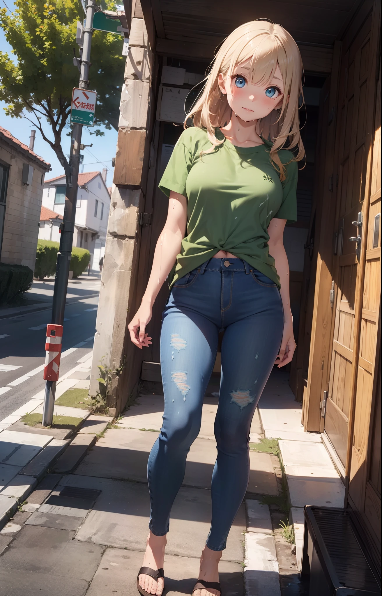 raw photo, realistic, photo realistic, masterpiece, extremery magnificent view, perspective, extremery best quality, extremery detailed CG, 8k wallpaper, high resolution, highly detailed face, highly detailed eyes, perfect anatomy, super detailed skin, wet, wet pants,
(dynamic angle, dynamic pose:1.2), outdoors, infront of cafeteria, (portrait, legs focus, full body), (beautiful face, beautiful eyes, beautiful legs:1.3), scandinavian woman in green shirt and jeans pants, full body close-up shot, close up half body shot, full body shot close up, waist - shot, middle shot waist up, zoomed out full body, half body cropping, wearing a green sweater, close up to a skinny, close full body shot, blonde hair, blue eyes,