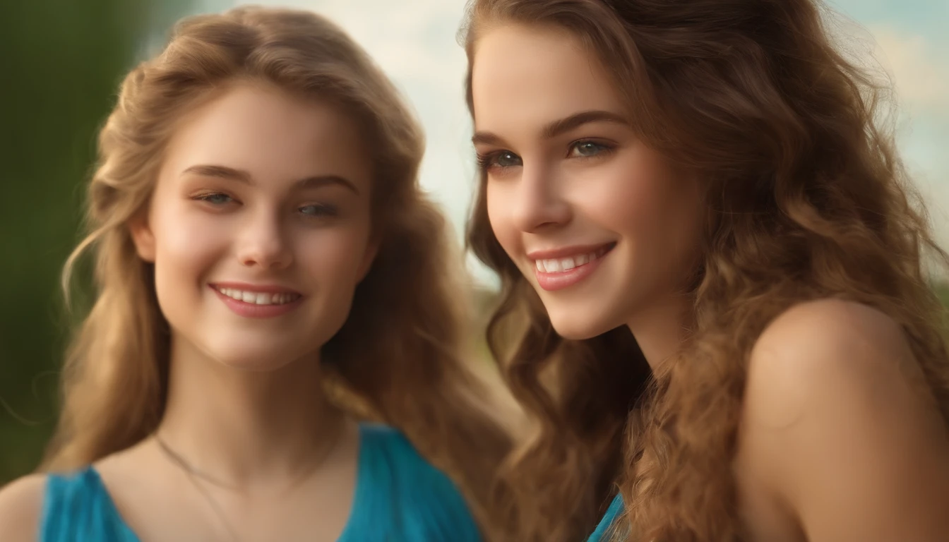 ((( 2 girls, 16 years old))) ultra realistic, cute smile, beautiful face, looking down