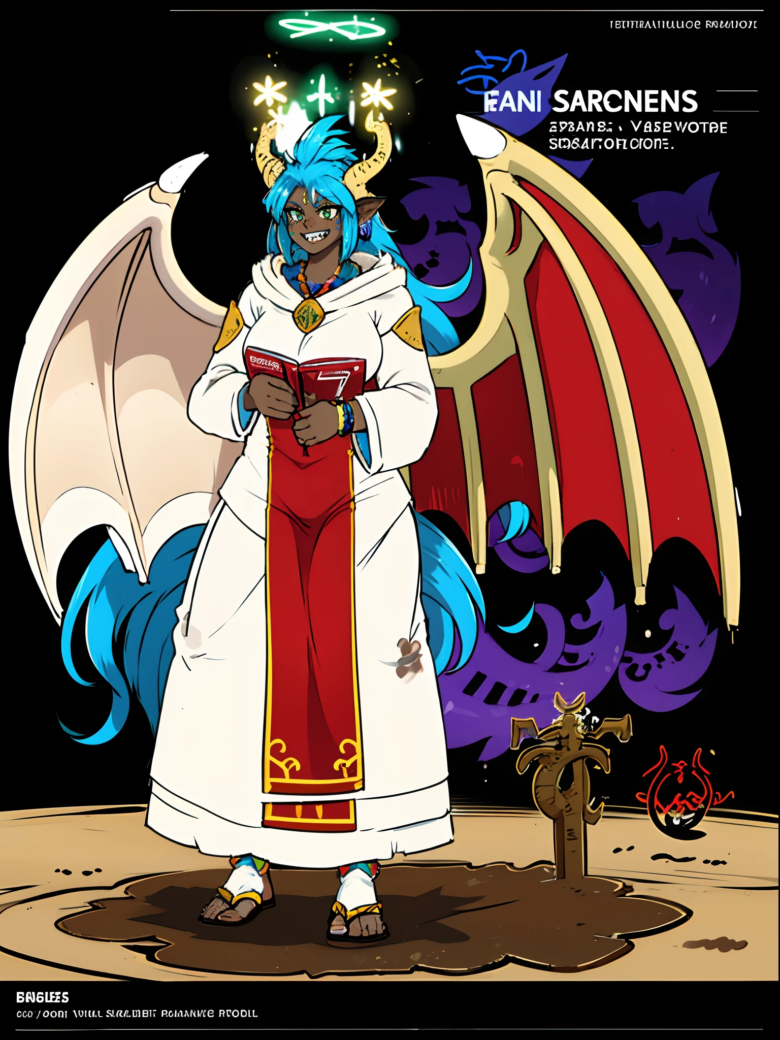 darkskinned-female, horns, dragon wings, ,pullover, pants,, full body, standing, long hair,sharpteeth, atomic, halo, robe, medieval clothing, smile