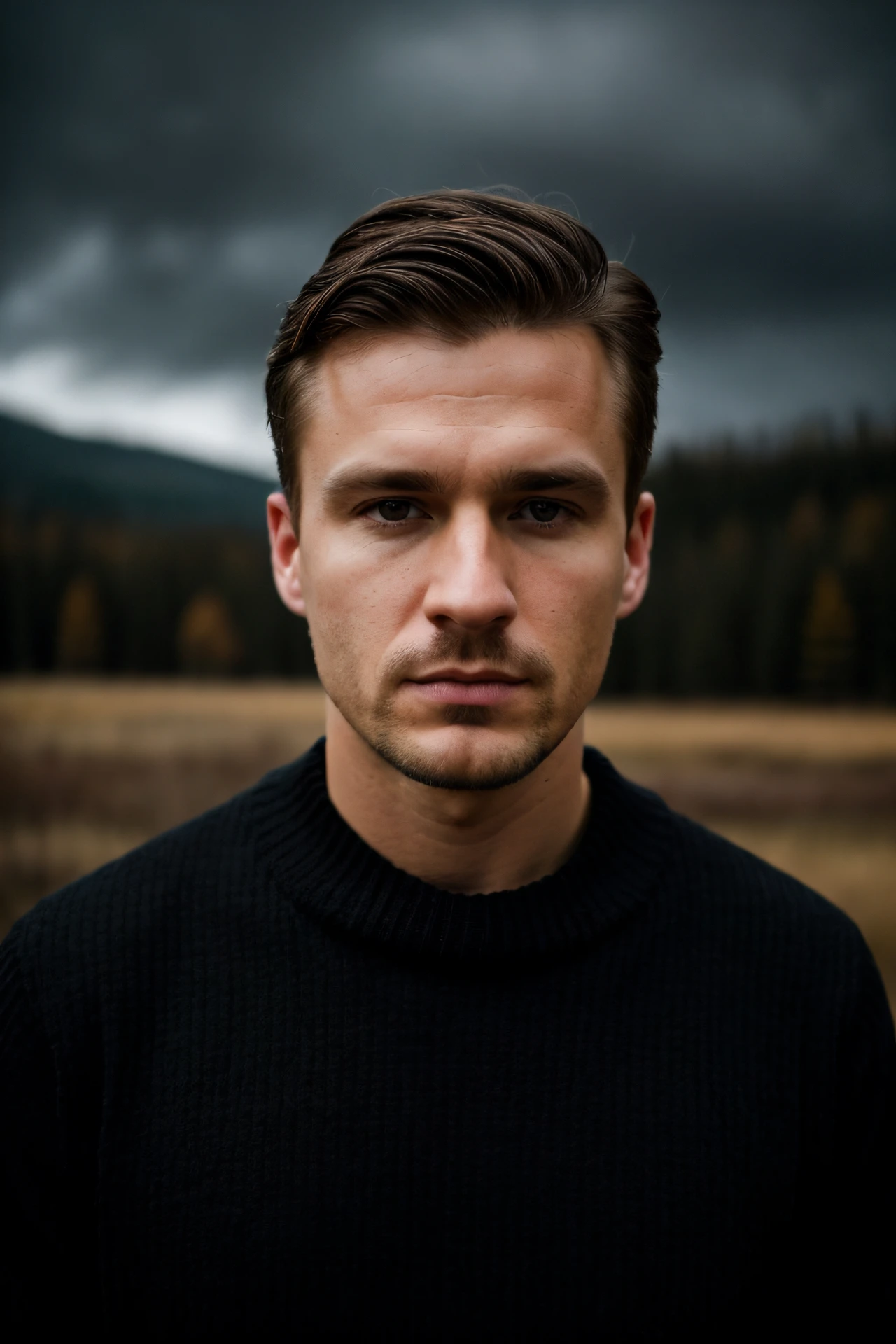 professional photo, closeup portrait photo of caucasian man, wearing black sweater, serious face, dramatic lighting, nature, gloomy, cloudy weather, bokeh