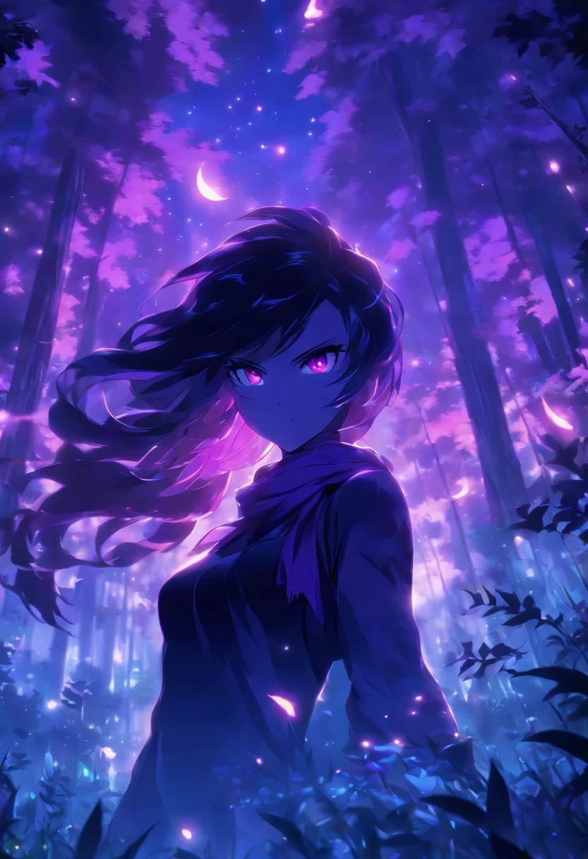 Masterpiece, best quality, 8k picture of an anime girl, 1 girl, (black long hair), (glowing purple eyes), (purple eyes), (purple scarf), wearing a (purple scarf), (black t-shirt, long sleeved t-shirt), art by Artgerm, upper body, volumetric shadows, backlighting, (pale skin), background forest, background with: leaves, trees, moonlight, radioluminescence ilumination, grass.