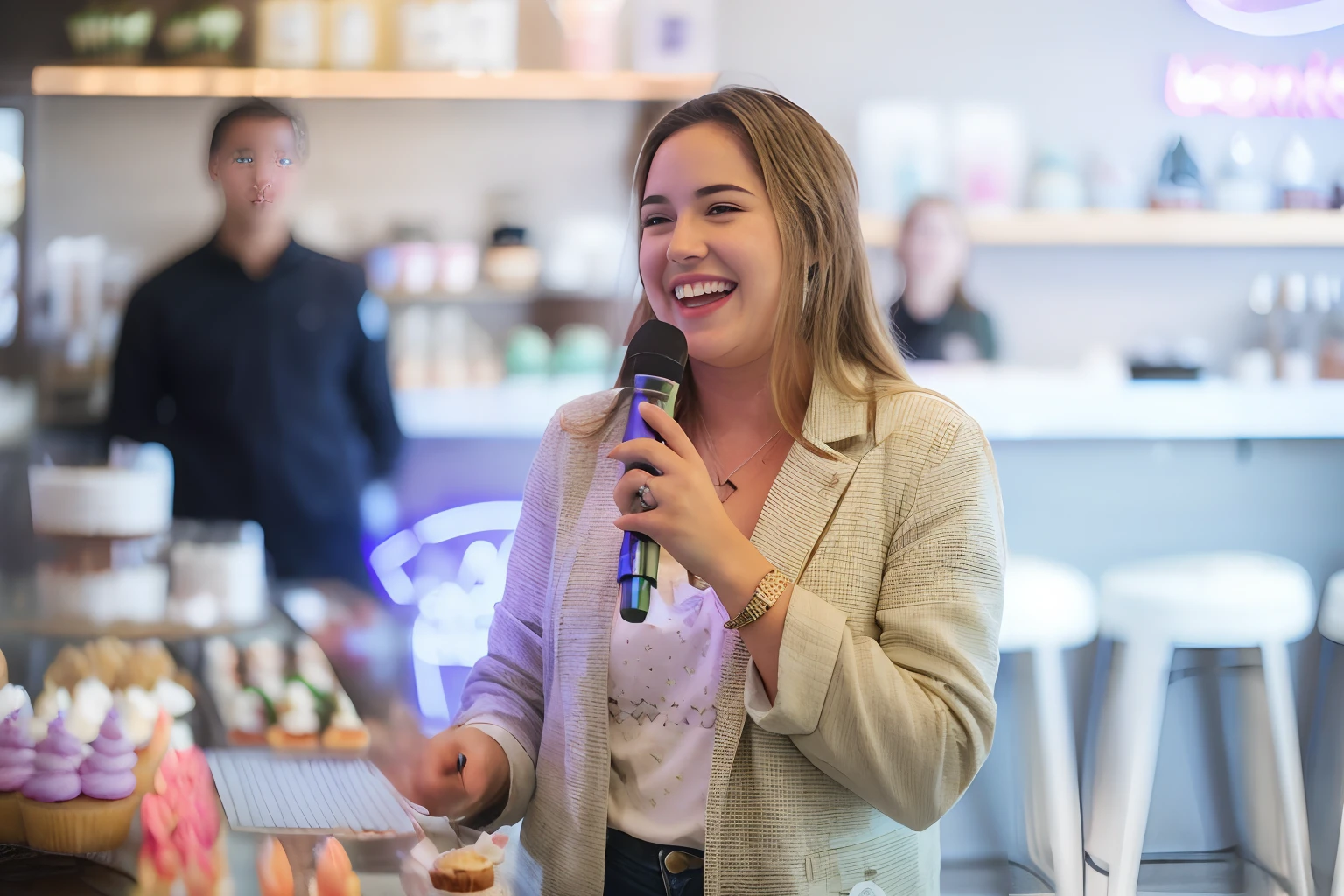 woman holding a microphone in front of a counter with cupcakes, by Emma Andijewska, by Robbie Trevino, lit up, by Sam Dillemans, giving a speech, by Nicholas Marsicano, she expressing joy, pokimane, by Matt Cavotta, slightly sunny, beautiful surroundings, by Jakob Gauermann, morning glow, intense details