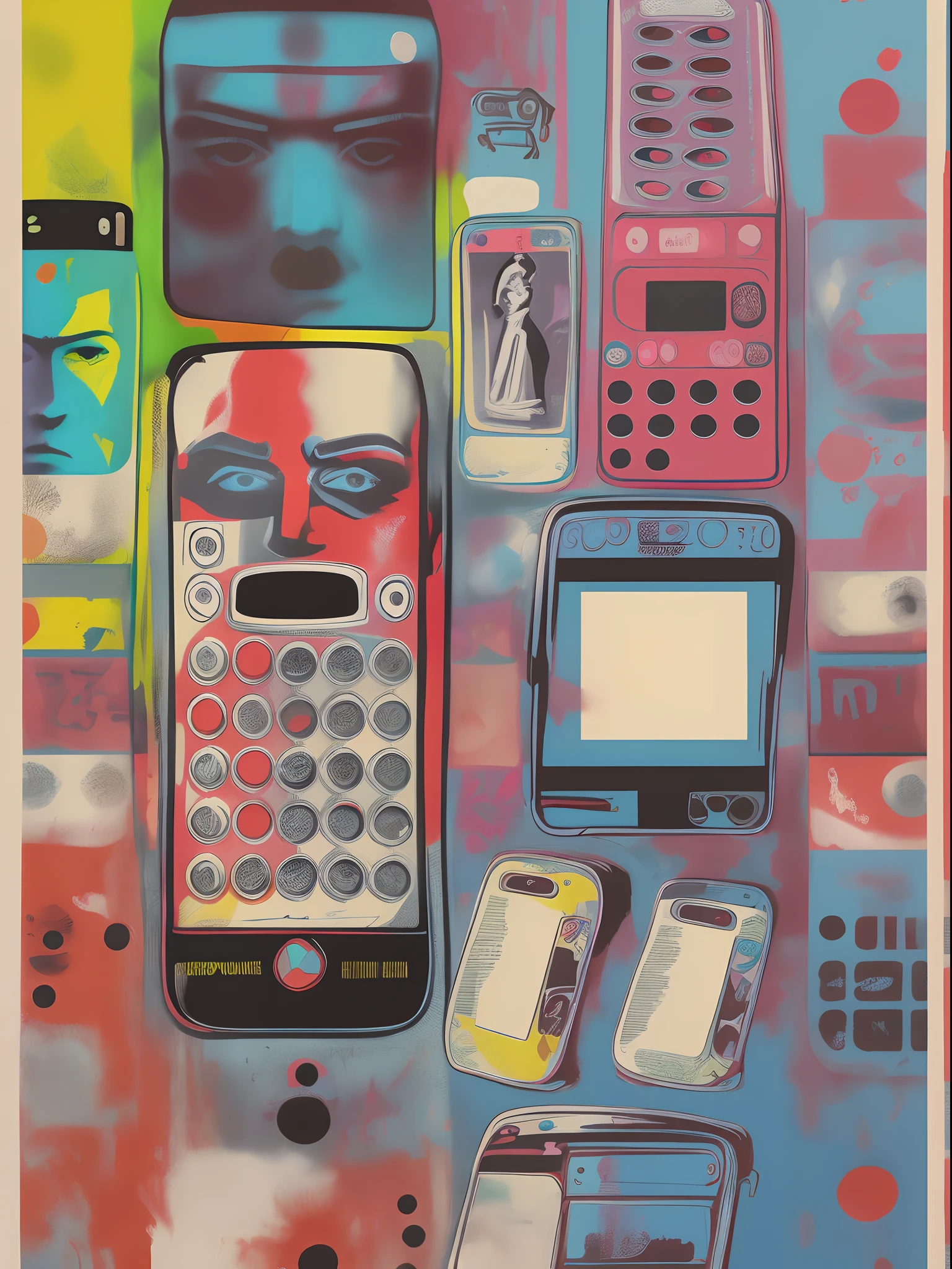 Pop Art painting of a modern smartphone with classic art pieces appearing on the screen, inspired by Andy Warhol