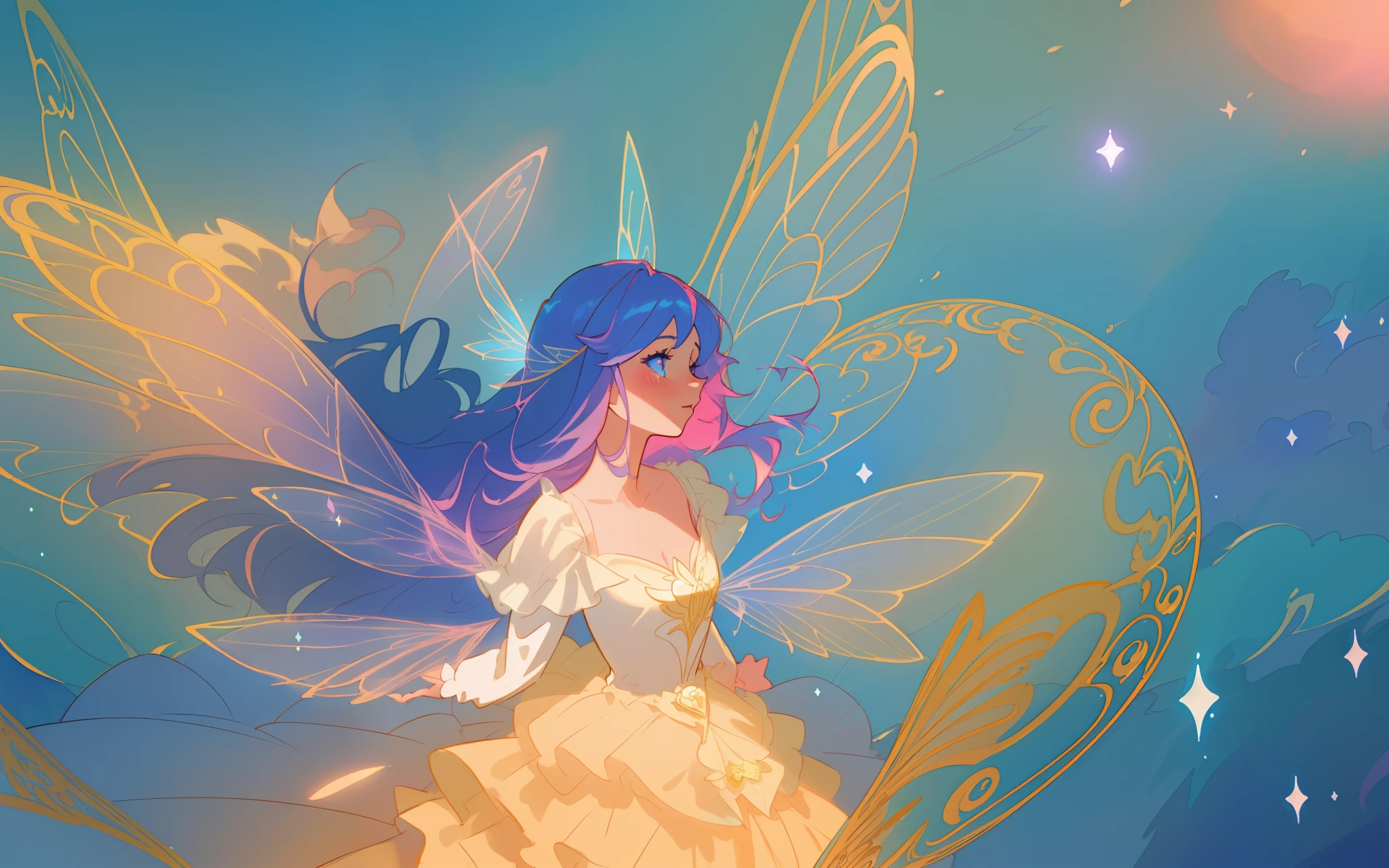 beautiful anime girl in flowing long sleeve ruffle layered ballgown, ((tiered layered ballgown)), ((fairy wings)), inspired by Glen Keane, inspired by Lois van Baarle, (disney art style), by Lois van Baarle, glowing aura around her, by Glen Keane, jen bartel, glowing lights! digital painting, flowing glowing hair, glowing flowing hair, beautiful digital illustration, fantasia background, whimsical, magical, fantasy, ((masterpiece, best quality)), intricate details, highly detailed, sharp focus, 8k resolution, sparkling detailed eyes, liquid watercolor, swirling magical lines of light. pastel colors