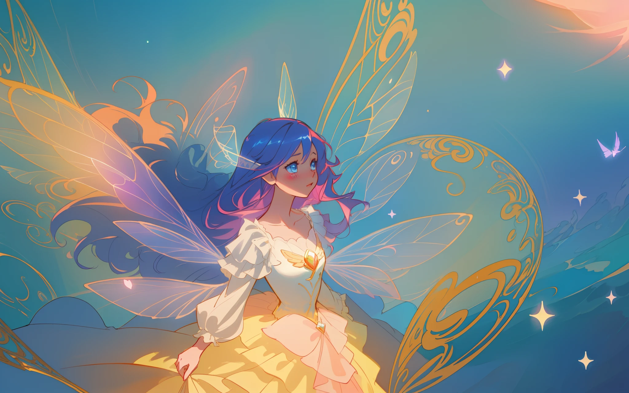 beautiful anime girl in flowing long sleeve ruffle layered ballgown, ((tiered layered ballgown)), ((fairy wings)), inspired by Glen Keane, inspired by Lois van Baarle, (disney art style), by Lois van Baarle, glowing aura around her, by Glen Keane, jen bartel, glowing lights! digital painting, flowing glowing hair, glowing flowing hair, beautiful digital illustration, fantasia background, whimsical, magical, fantasy, ((masterpiece, best quality)), intricate details, highly detailed, sharp focus, 8k resolution, sparkling detailed eyes, liquid watercolor, swirling magical lines of light. pastel colors