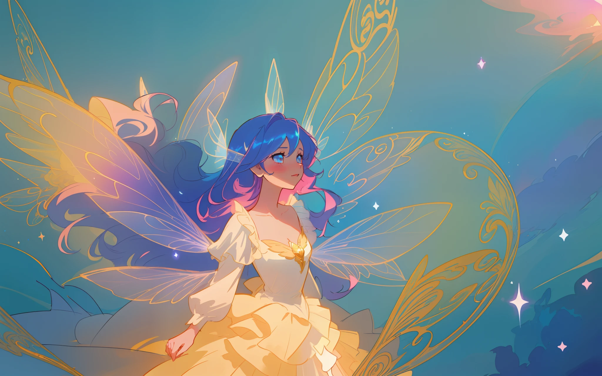 beautiful anime girl in flowing long sleeve ruffle layered ballgown, ((tiered layered ballgown)), ((fairy wings)), inspired by Glen Keane, inspired by Lois van Baarle, (disney art style), by Lois van Baarle, glowing aura around her, by Glen Keane, jen bartel, glowing lights! digital painting, flowing glowing hair, glowing flowing hair, beautiful digital illustration, fantasia background, whimsical, magical, fantasy, ((masterpiece, best quality)), intricate details, highly detailed, sharp focus, 8k resolution, sparkling detailed eyes, liquid watercolor, swirling magical lines of light. pastel colors