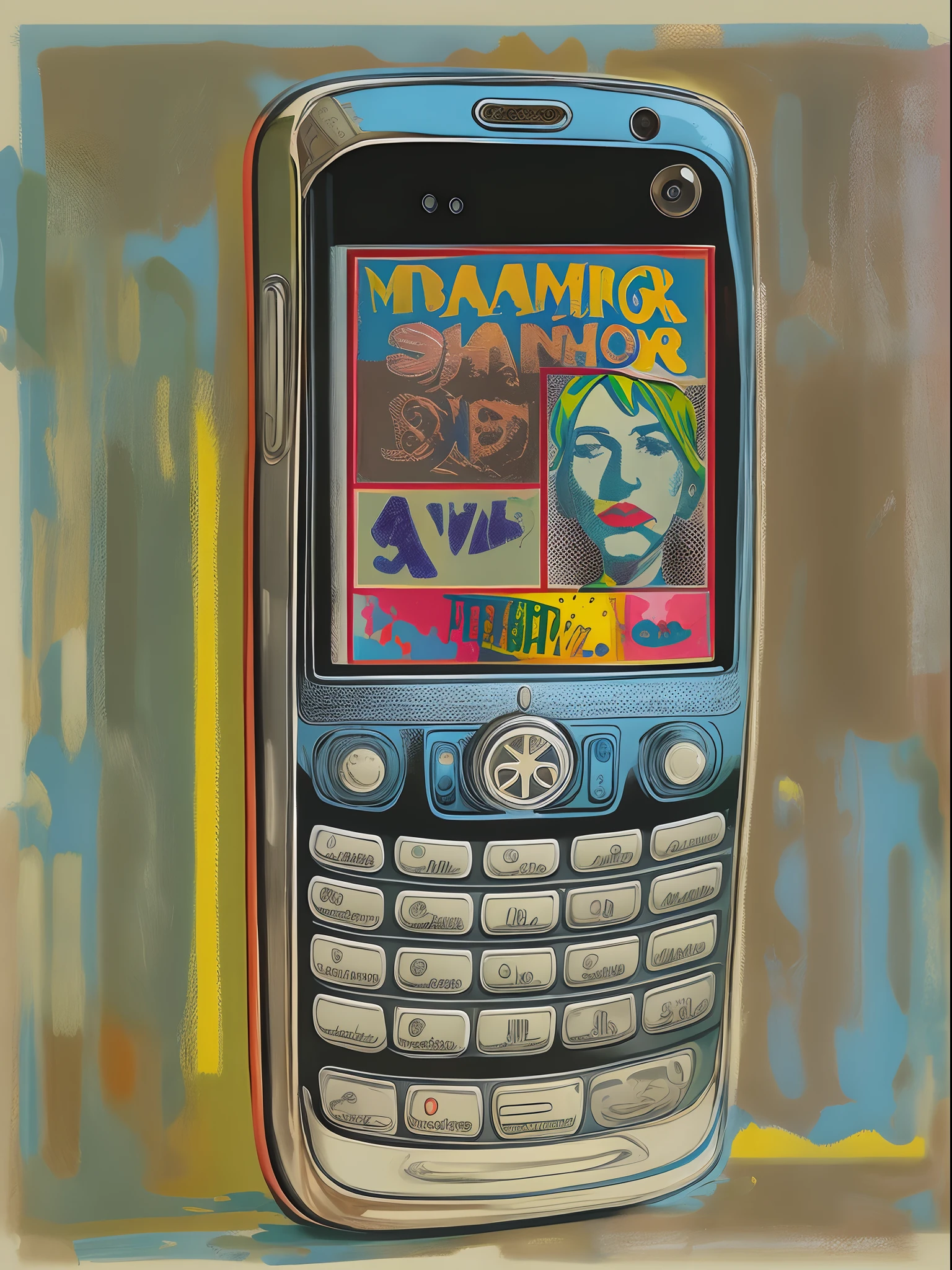 Pop Art painting of a modern smartphone with classic art pieces appearing on the screen, inspired by Andy Warhol