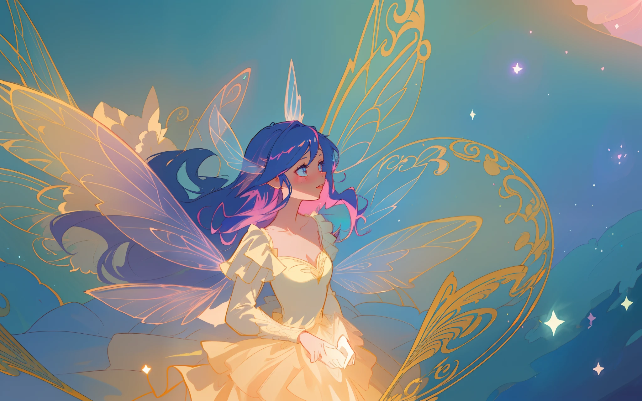 beautiful anime girl in flowing long sleeve ruffle layered ballgown, ((tiered layered ballgown)), ((fairy wings)), inspired by Glen Keane, inspired by Lois van Baarle, (disney art style), by Lois van Baarle, glowing aura around her, by Glen Keane, jen bartel, glowing lights! digital painting, flowing glowing hair, glowing flowing hair, beautiful digital illustration, fantasia background, whimsical, magical, fantasy, ((masterpiece, best quality)), intricate details, highly detailed, sharp focus, 8k resolution, sparkling detailed eyes, liquid watercolor, swirling magical lines of light. pastel colors