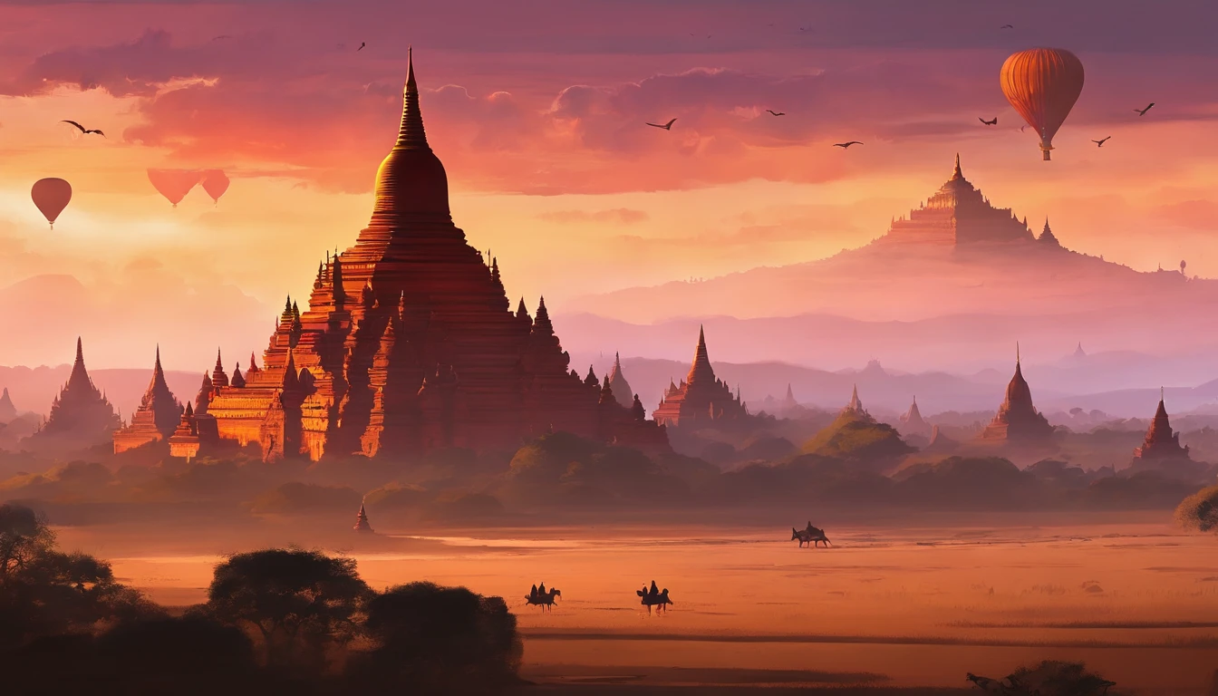 Bagan pagodas of Burma at sunset, best composition, masterpiece art work, long view,