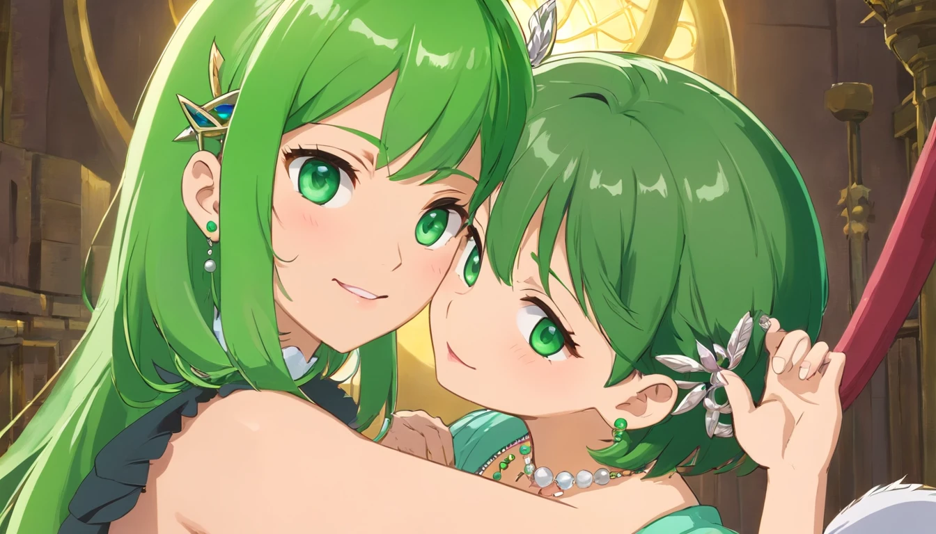 emerald tiara, Green Pearl Necklace, Boyish very short green hair, lipsticks, Japan woman smiling, very short short hair, fist, big breasts beautiful, Green eyes, Long green gloves made of satin material, Green eyes, Emerald Earrings, lesbian ,the kiss