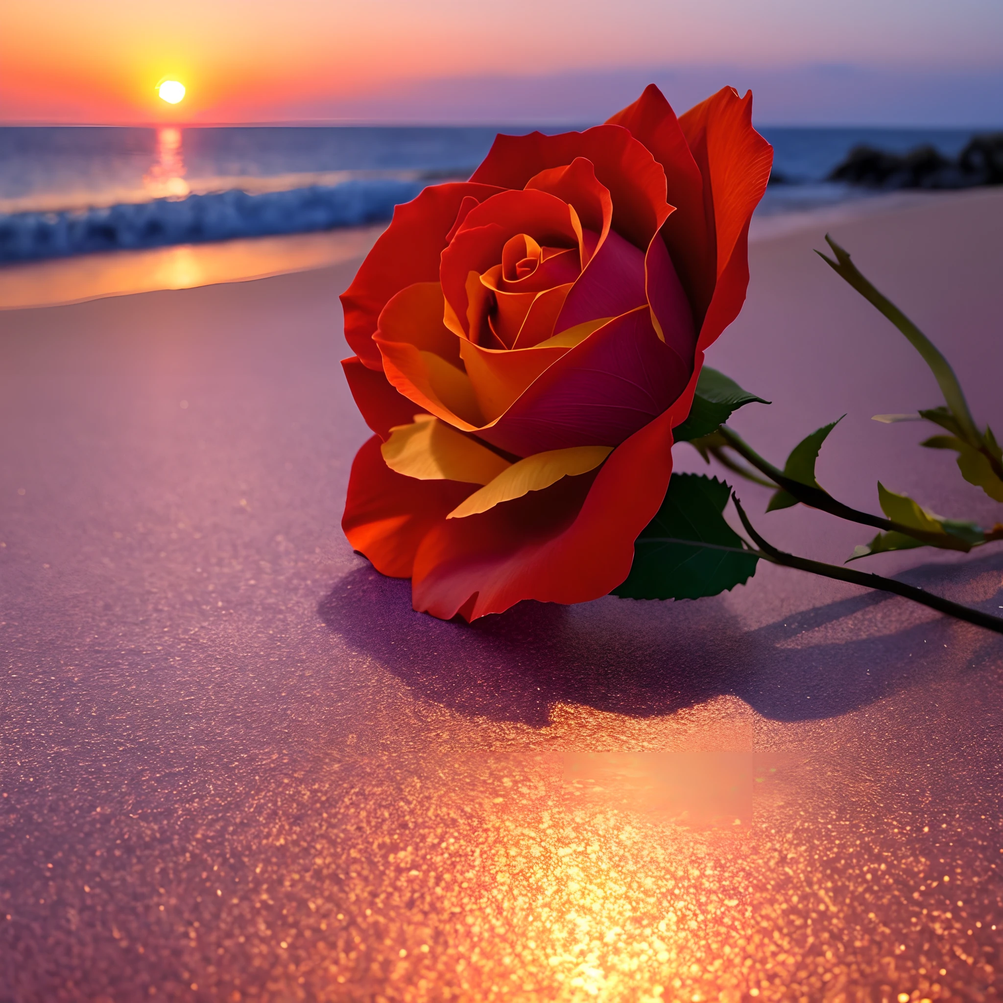 Close-up shot, a rose flower, the background is the gorgeous sunset by the sea, real texture, warm