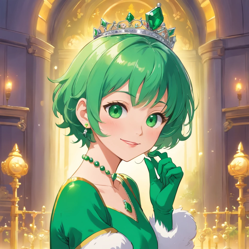 emerald tiara, Green Pearl Necklace, Boyish very short green hair, lipsticks, Japan woman smiling, very short short hair, fist, big breasts beautiful, Green eyes, Long green gloves made of satin material, Green eyes, Emerald Earrings, lesbian ,the kiss