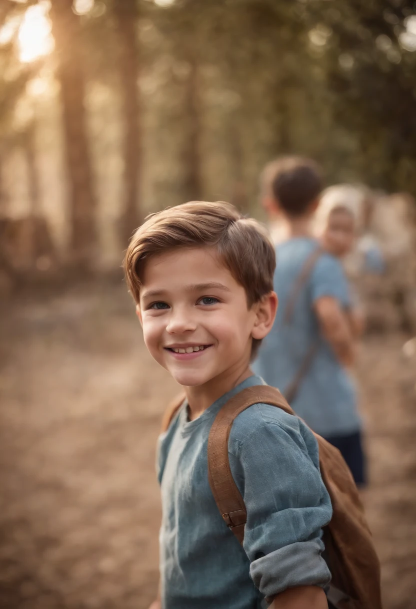 a boy smiling is standing pointing to a person