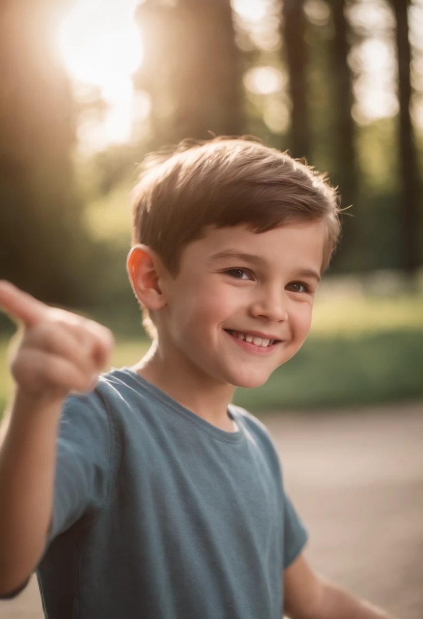 a boy smiling is standing pointing to a person