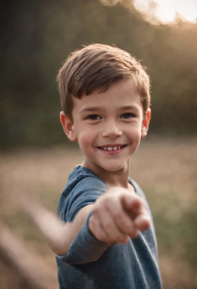 a boy smiling is standing pointing to a person