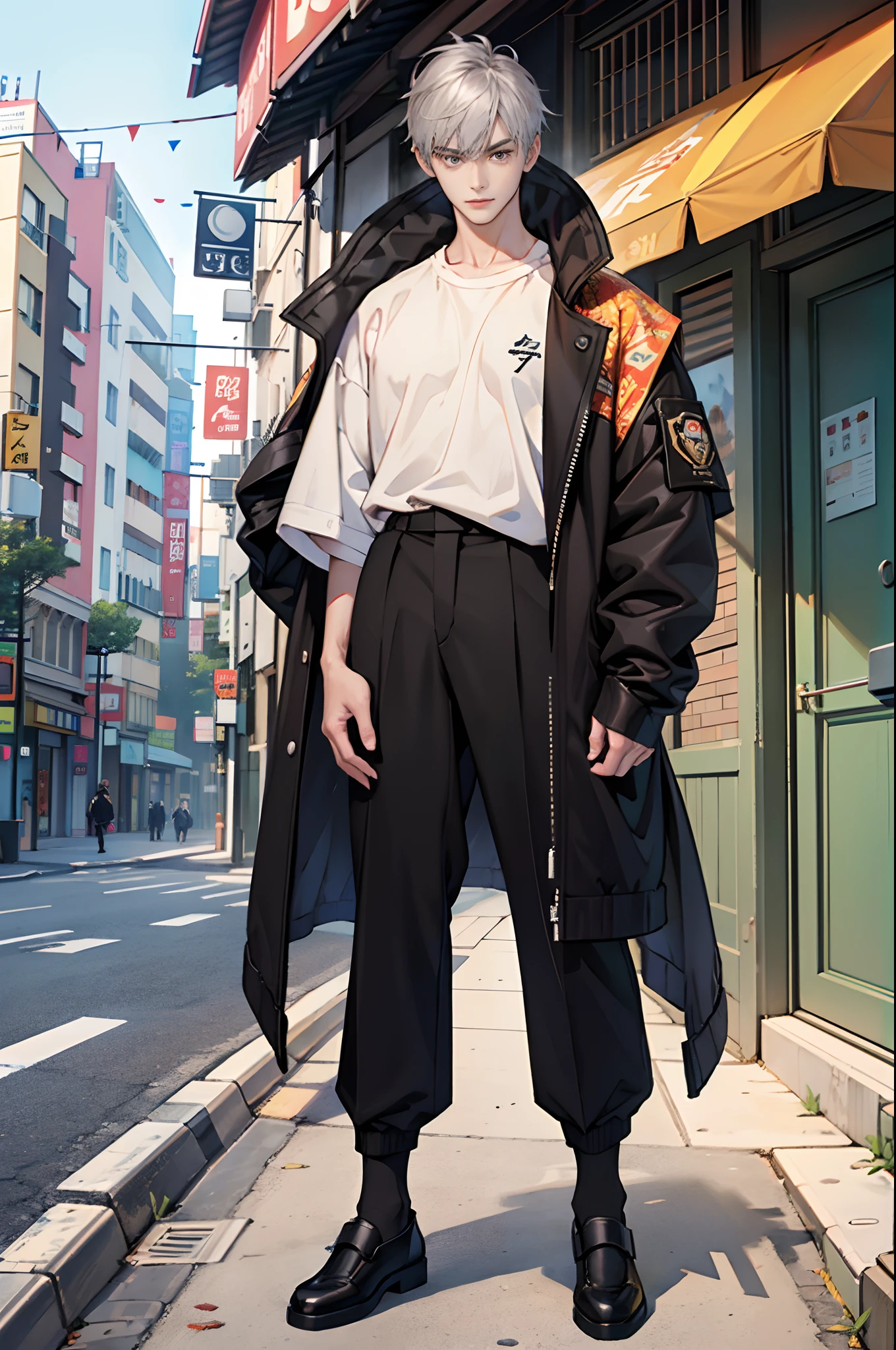 (tmasterpiece,超高分辨率,16k UHD,high qulity),low tune,standing on your feet,looking at viewert,tmasterpiece,A tall man,Standing next to a coffee shop,are standing,(Gray hair),Black eyes,ssmile,Seoul,(small heads),Tall man, Masculine face shape,Precise anatomy,Precise hand structure,Light-colored clothing,Hoodies,Jacket,((espadrilles)),wristwatch,Unity 16K wallpaper,concept-art,One guy,8K eyes,(((Mature male))),(Short hair in the middle),(photorealiscic face:1.8),broad shoulder,slips,(full bodyesbian:1.6),Male 18