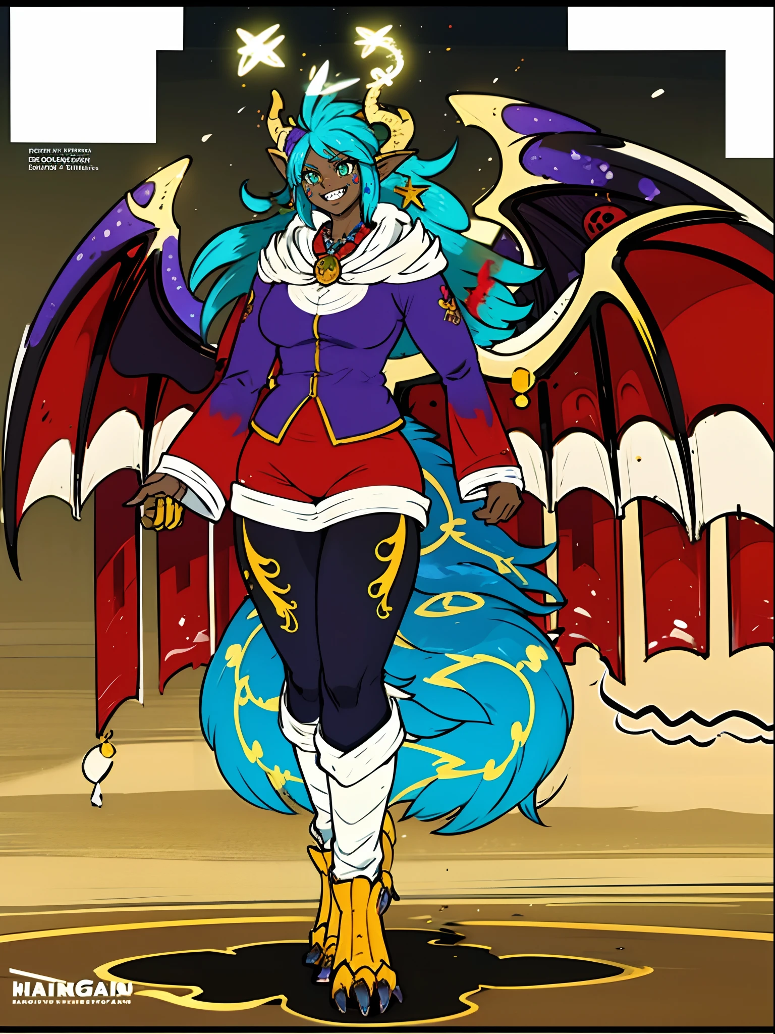 darkskinned-female, horns, dragon wings, ,pullover, pants,, full body, standing, long hair,sharpteeth, atomic, halo, robe, medieval clothing, smile