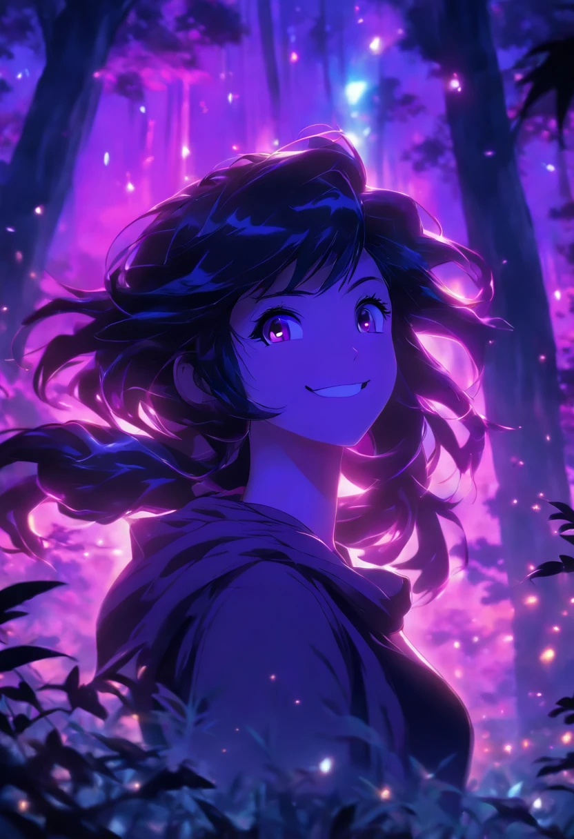 Masterpiece, best quality, 8k picture of an anime girl, 1 girl, (black long hair), ((smiling)), moonlight, (glowing purple eyes), (purple eyes), (purple scarf), wearing a (purple scarf), (black t-shirt, long sleeved t-shirt), art by Artgerm, upper body, volumetric shadows, backlighting, (pale skin), background forest, background with: leaves, trees, moonlight, radioluminescence ilumination, grass.