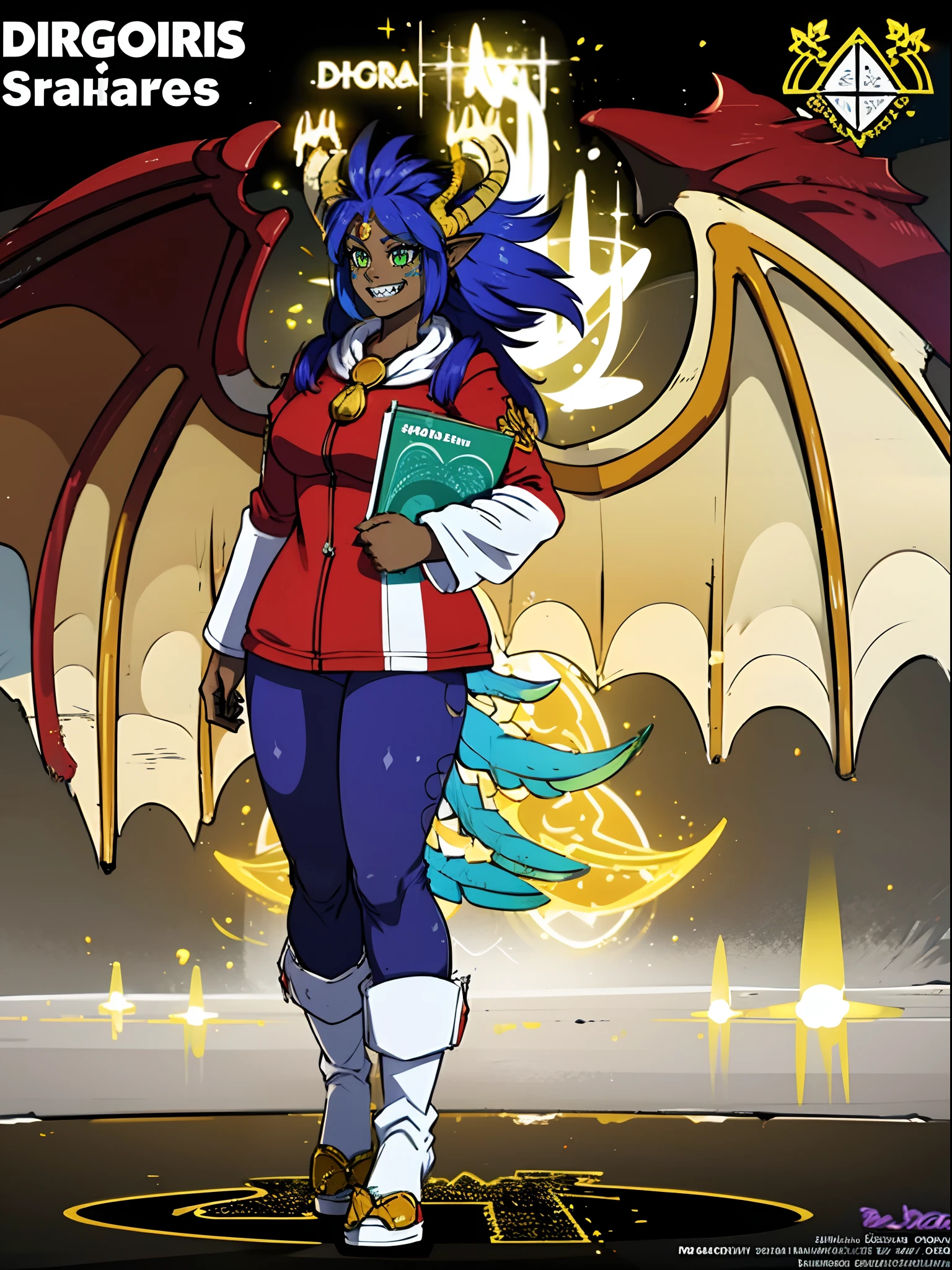 darkskinned-female, horns, dragon wings, ,pullover, pants,, full body, standing, long hair,sharpteeth, atomic, halo, robe, medieval clothing, smile