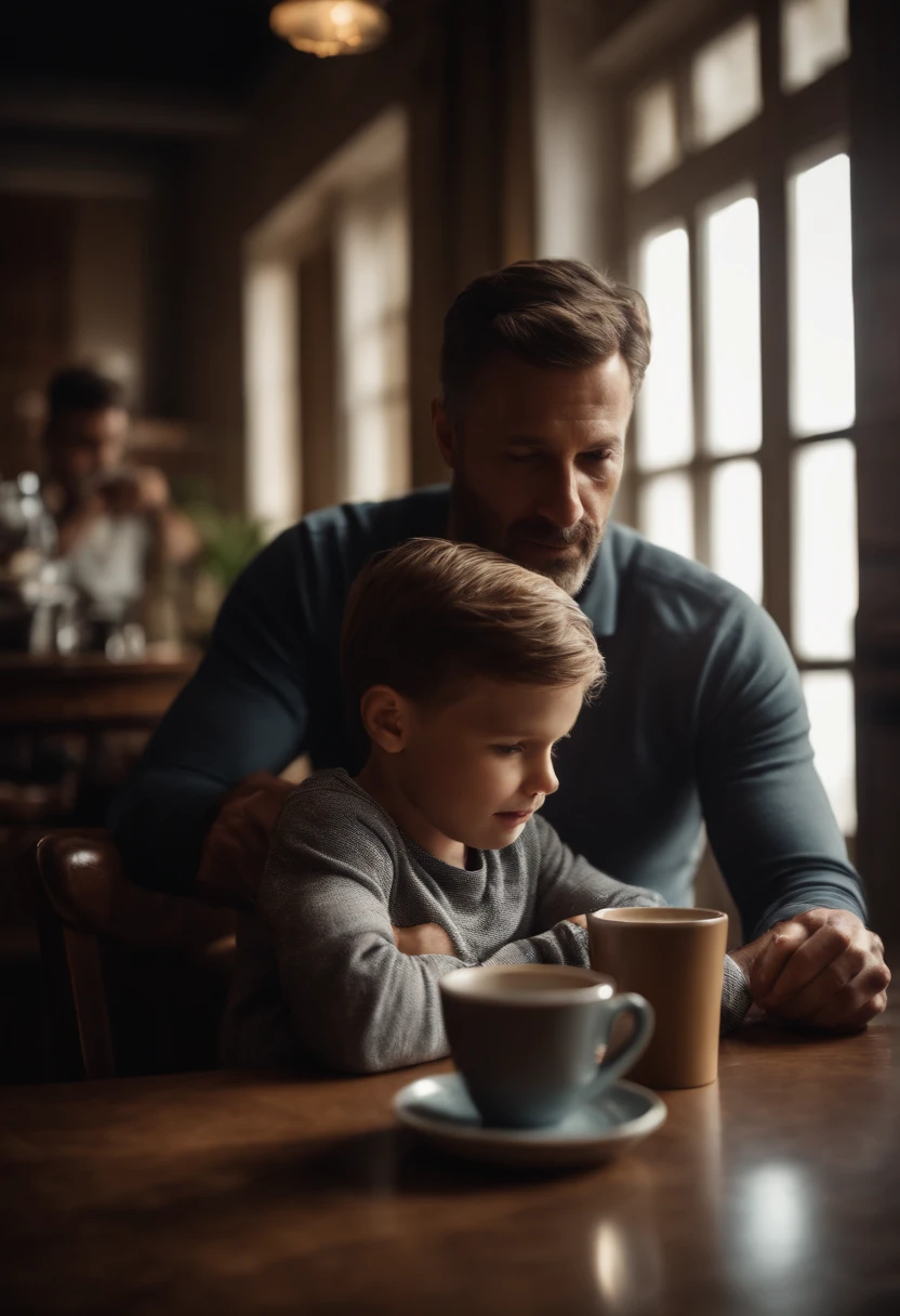Portrait of a father and son sitting at a table having a coffee