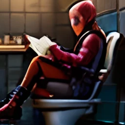 Image of the character 'Deadpool' sitting on a toilet, with a book in your hands, Deadpool