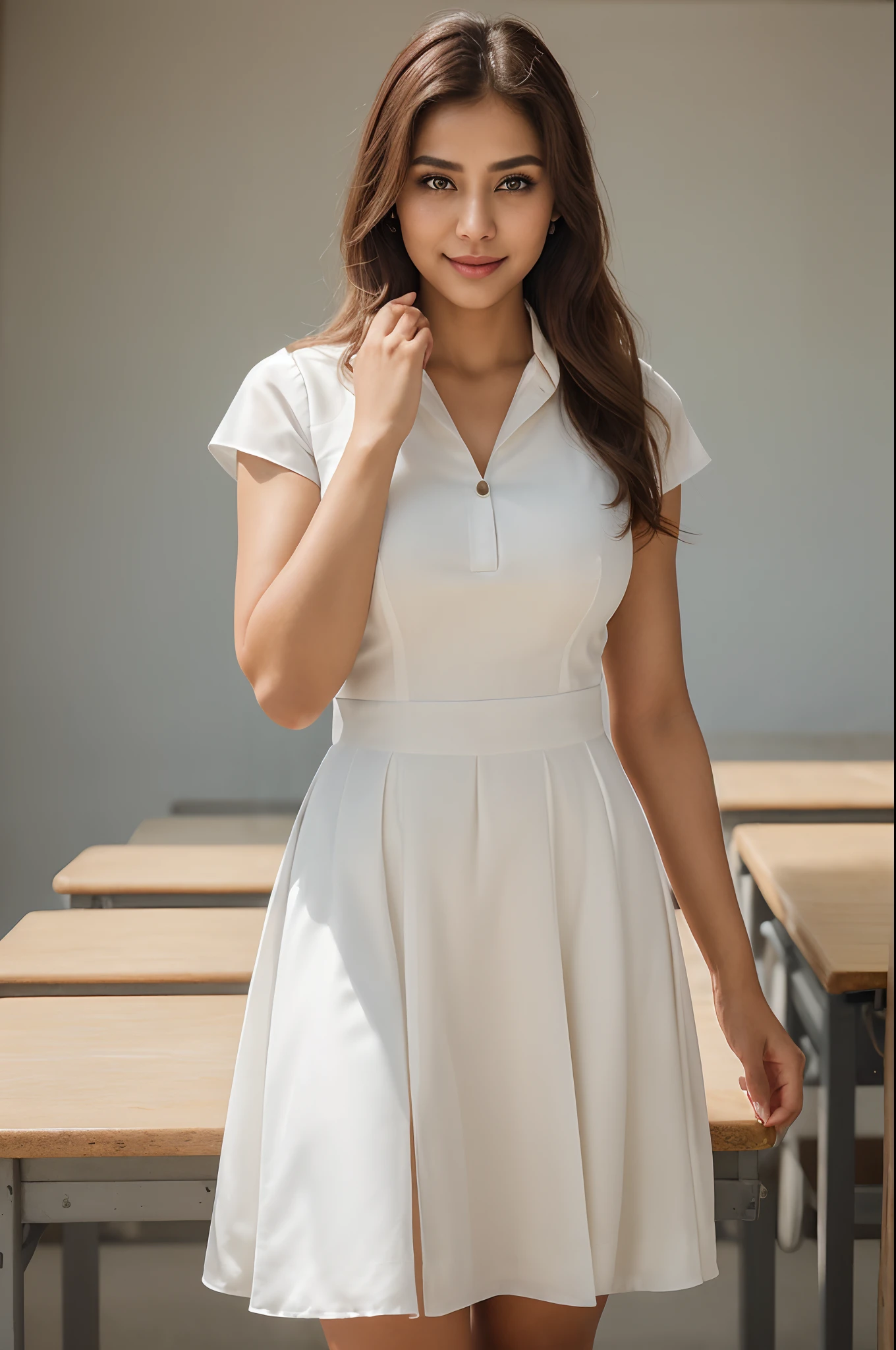 ((Beautiful girl from Japan:1.3)) ((Sri Lankan uniform :1.4)),((Consists of a white dress. Dresses are knee-length. Usually A-line style:1.4)) ((Unbuttoned white blouse)), (Garden) ,((Classroom:1.3)) ((Dream_Dress:1.4)) ((Random Sex Gestures: 1.3 )) ((Sweat: 1.5))( Flash Face: 1.4)) ((Big Breasts: 1.1) ) ( Close: 1.2)) Best Quality, Masterpiece, Ultra High , (Photorealistic: 1.4), Raw Photo, (Overall Texture: 1.3), (Film Cinematic: 1.3) , Panorama, Character Portrait, Ultra Wide Shot, Narrow Waist, Cowboy Shot, (Dark, Visible Shadow, Low Key, Cold Light, Natta, ( )), Flowing Tears, Liquid, Tyndall Effect, ( Expressions ), 1 Girl , Beautiful Detailed Eyes and Face, White Jabot, Eyes, ( (Brown Hair: 1.2)) ((() Whole Body )) ((Smile : 1.3)), ((Good)) )