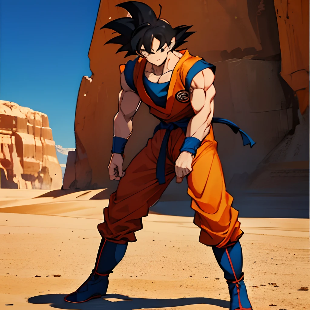 masterpiece, best quality, 1boy, (goku), short hair, black hair, black eyes, blue boots, orange clothes, training, standing, traveling through the desert. (Full body), he looks focused
