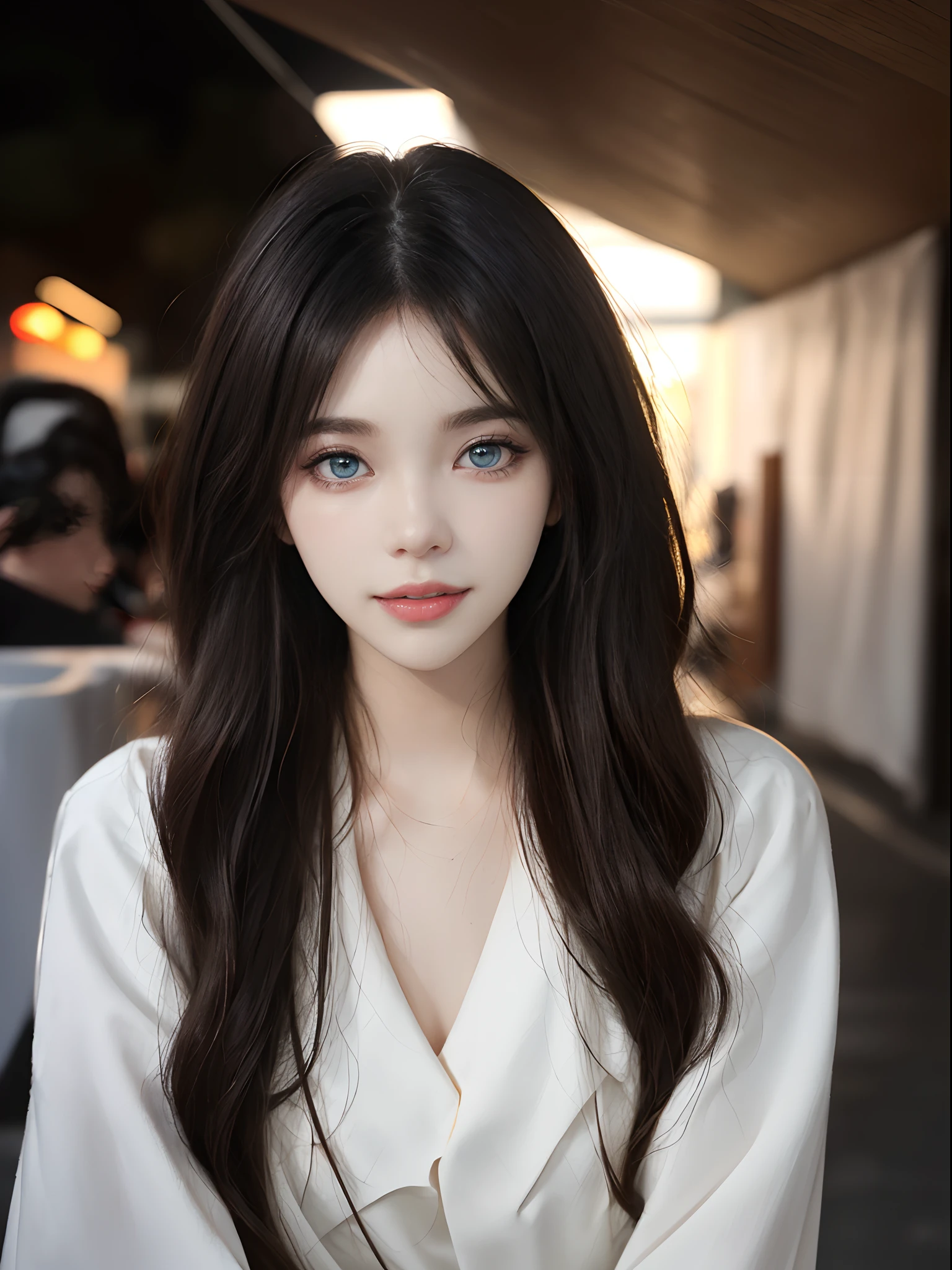 ((4K works))、masterpiece、(top-quality)、1 beutiful girl、Slim body、tall、((Attractive clothes in black and white))、(Detailed beautiful eyes)、Take selfies on the road at night、((Face similar to Carly Rae Jepsen))、((long hair of boyish red-black color,,))、((Smaller face))、((Neutral face))、((Bright blue eyes))、((American adult women))、((Adult female 26 years old))、((cool lady))、((Like a celebrity))、((Smiling expression))、((Korean Makeup))、((elongated and sharp eyes))、((Girlfriend enjoying happy date))、((boyish))、((She is walking in front of the viewer))、((Shot from an angle above the face))、((Shot close to the face))、((Zoom focus to face))、((Face enhancement))、((Focus zoom in))