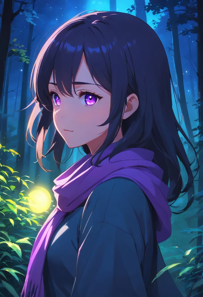 Masterpiece, best quality, 8k picture of an anime girl, 1 girl, (black long hair), moonlight, (glowing purple eyes), (purple eyes), (purple scarf), wearing a (purple scarf), (black t-shirt, long sleeved t-shirt), art by Artgerm, upper body, volumetric shadows, backlighting, (pale skin), background forest, background with: leaves, trees, moonlight, radioluminescence ilumination, grass.
