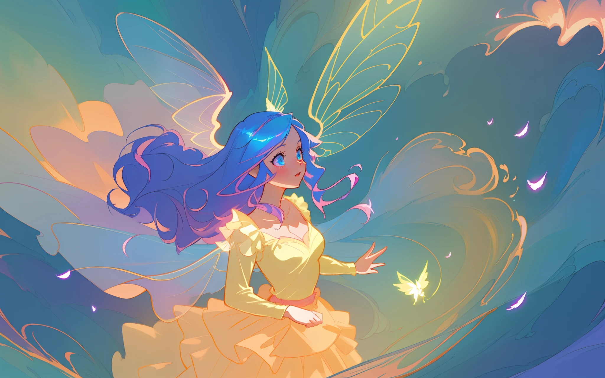 beautiful anime girl in flowing long sleeve ruffle layered ballgown, ((tiered layered ballgown)), ((fairy wings)), inspired by Glen Keane, inspired by Lois van Baarle, (disney art style), by Lois van Baarle, glowing aura around her, by Glen Keane, jen bartel, glowing lights! digital painting, flowing glowing hair, glowing flowing hair, beautiful digital illustration, fantasia background, whimsical, magical, fantasy, ((masterpiece, best quality)), intricate details, highly detailed, sharp focus, 8k resolution, sparkling detailed eyes, liquid watercolor, swirling magical lines of light. pastel colors