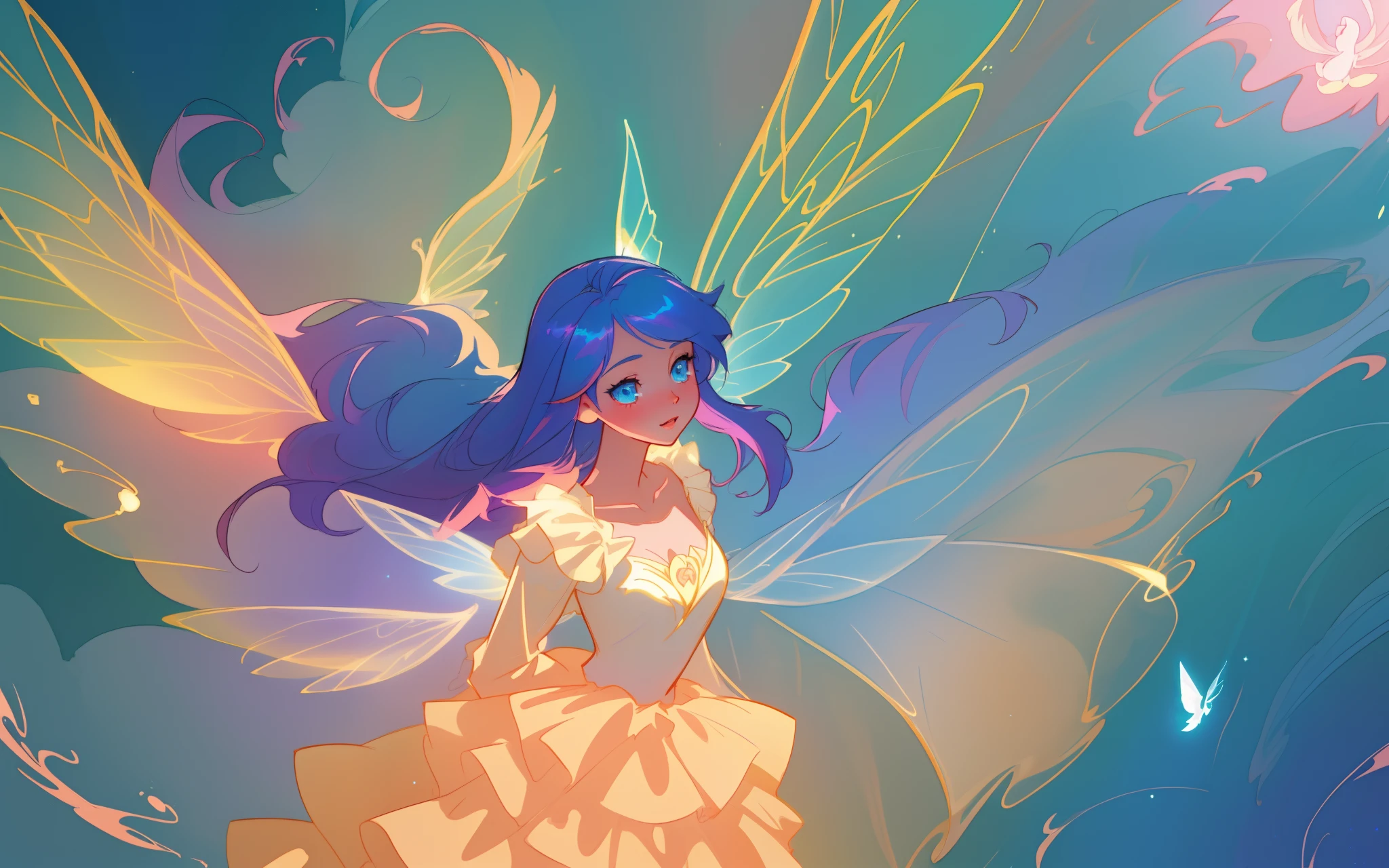 beautiful anime girl in flowing long sleeve ruffle layered ballgown, ((tiered layered ballgown)), ((fairy wings)), inspired by Glen Keane, inspired by Lois van Baarle, (disney art style), by Lois van Baarle, glowing aura around her, by Glen Keane, jen bartel, glowing lights! digital painting, flowing glowing hair, glowing flowing hair, beautiful digital illustration, fantasia background, whimsical, magical, fantasy, ((masterpiece, best quality)), intricate details, highly detailed, sharp focus, 8k resolution, sparkling detailed eyes, liquid watercolor, swirling magical lines of light. pastel colors